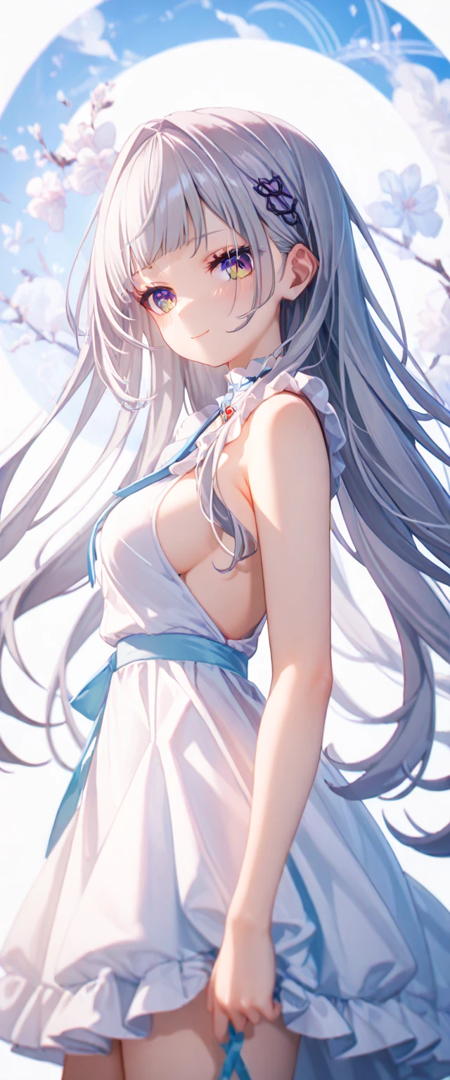 Big Breasts:1.2、、Highest quality、Very detailed、Highly realistic eye masterpiece、Highest quality、Very detailed、Gray Hair、Perfect Face、Long Hair、White Dress、Sundress、anime、countryside、Gutter Belt、White Stockings、{{{{{M-shaped legs}}}}}、nsfw、From the side、Slightly transparent、Crotch、I can see it、hide、The wind is blowing、Skirt rolled up、A glimpse、