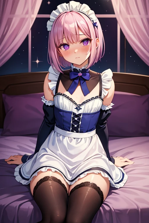 One girl、Sparkling \(Serious: Star Rail\)、Twin tails、solo、Maid、Maidの頭飾り、Maidのエプロン、Knee socks、See who&#39;s watching、High heels、(Hold down the skirt、bow: 1.2)、bar \(place\)、indoor、Depth of written boundary、Out of breath、Ecstasy、A seductive smile、masterpiece