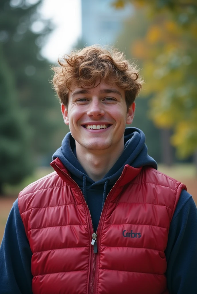 A realistic photo of a young teenage male with American features from the waist up,in the hallway of an American school filled with lockers. Rebellious curly red hair all over, Above the eyes. Light honey-colored eyes and shorter light lashes, Curvilinear, straight eyebrow. A sweet smile on his face, has prominent cheeks and freckles under his eyes and nose. Small chubby nose, Round face, very white skin. fleshy lips. athletic body. He wears a Queen band t-shirt. Similar to Kit connor.
