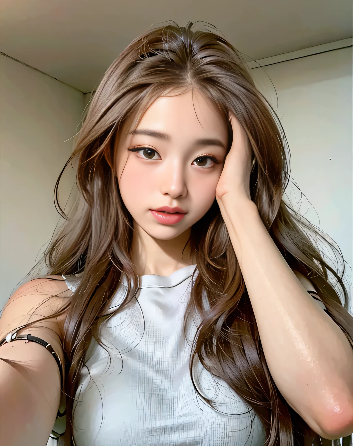 a close up of a woman with long hair wearing a white tank top, 1 8 yo, mai anh tran, 19-year-old girl, profile pic, dang my linh, profile photo, 18 years old, 2 2 years old, 2 3 years old, 2 7 years old, 21 years old, 2 8 years old, 8k, Cleavage, big , round fore