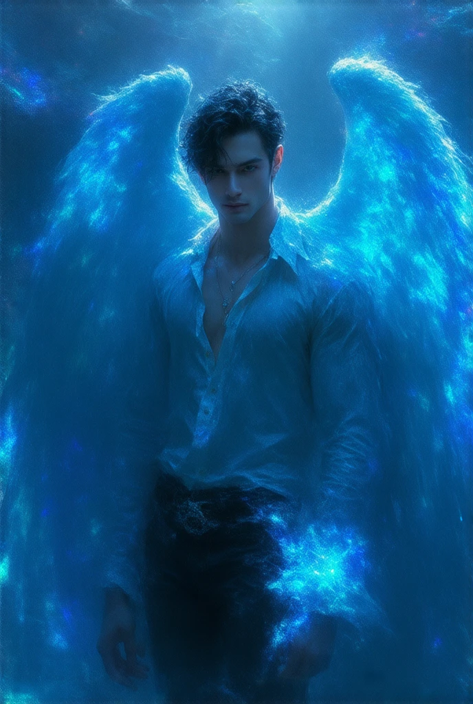 Handsome boy, blue hair, shining blue eyes, blue wings