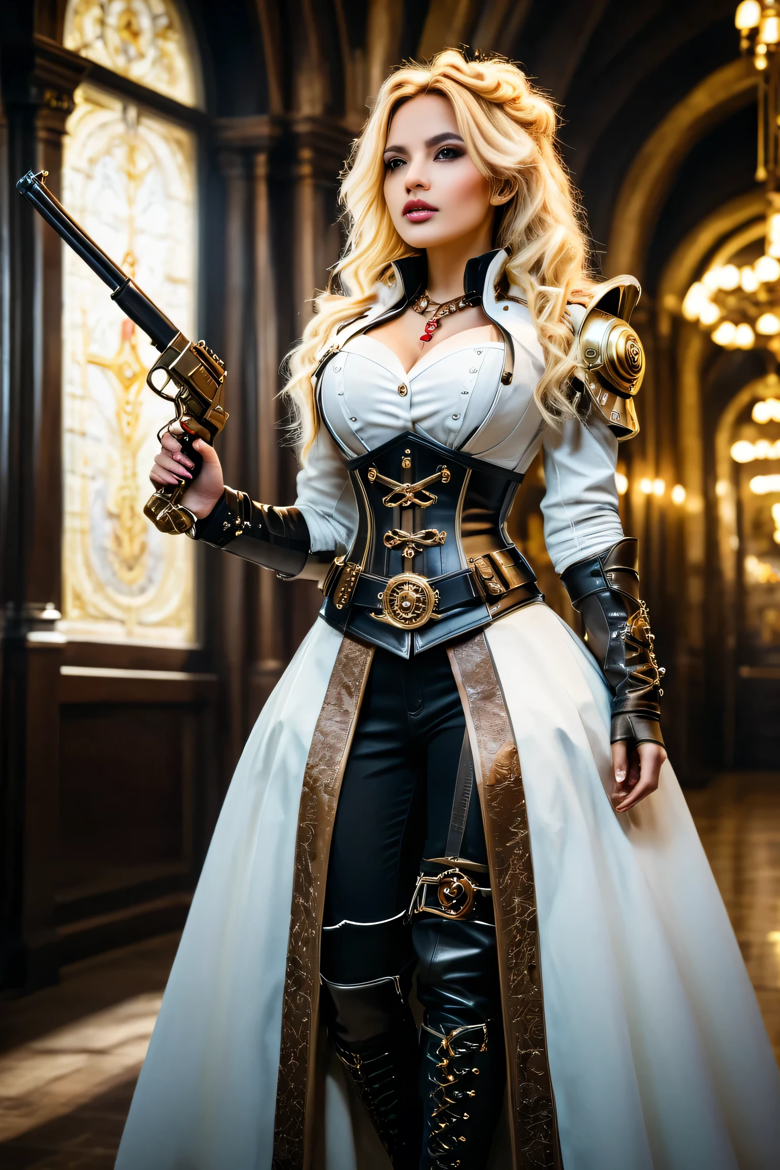 all intricate details: "(medium long shot, full body, 20 years old, white Steampunk Victorian top hat, Natural side lighting, higth contrast, random view)"