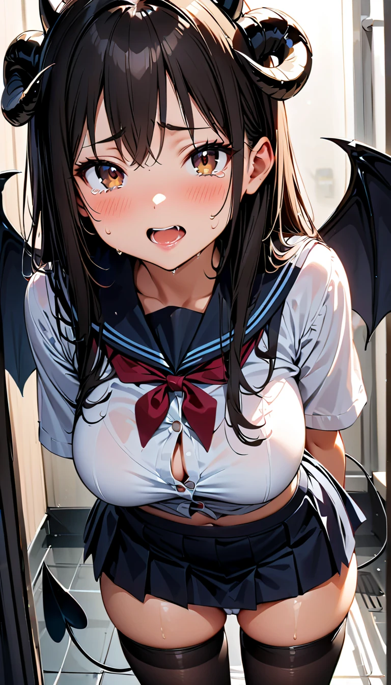 One girl, highest quality, Super detailed, masterpiece, Ultra-high resolution, 8k, Ridiculous, Cowboy Shooting, Focus on the girl, Embarrassing, blush, Lovely, Close one eye, With tears in her eyes and her mouth open, What saliva leaves behind, (arms behind head), (wariza),Classroom Background, ((morrigan aensland, vampire)), (medium breasts), (sagging breasts),(huge nipples), Absolute area, Black knee socks, front shot, from above