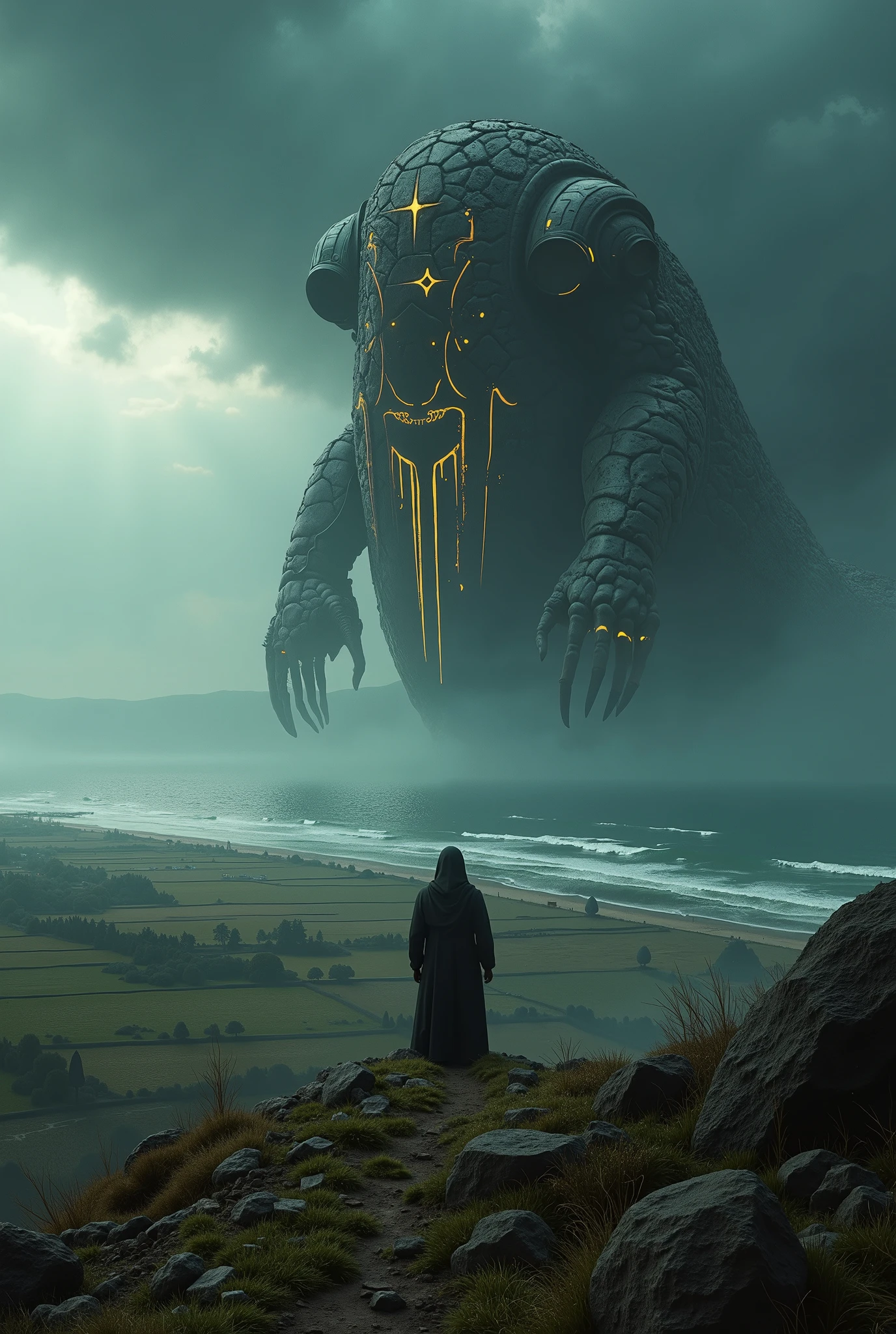 Wide view, high angle looking down the farmland shot, Fairytal, darktale, Fantasy, cinematic scene. Dramatic storming sky over serene ocean background. The Caspian Monster. Golden runes and cybernectic line decorate, Grimmdark, Mechanical. (Ultra-realistic, 32k, Masterpiece, High Quality, Detailed Realistic Background, Official Art, Realistic Lighting, filmfotos, film grain, reversal film photography).