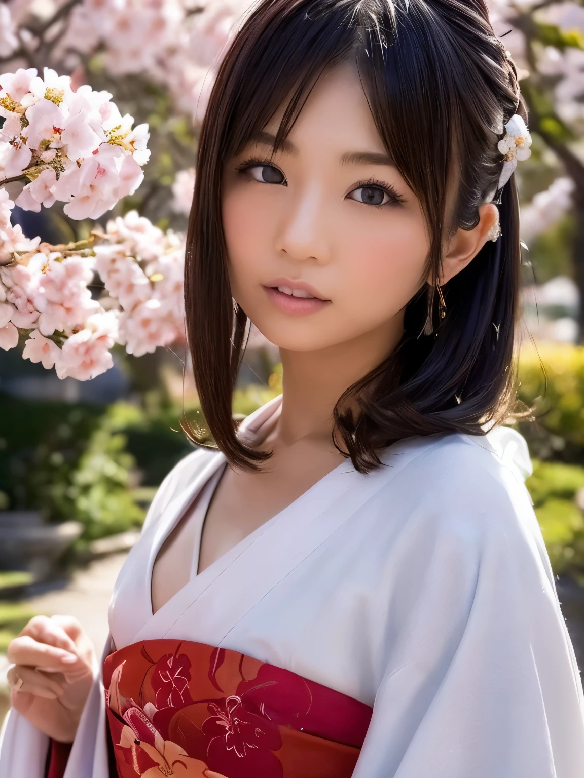 I'm drawing a beautiful Japanese woman wearing a kimono 、 beautiful Japanese woman wearing a traditional kimono , 顔の背景のディテールが細かく描かれている , Welcome the new year in a quiet environment full of cherry blossoms and lanterns, softwriting getting banged by 2 people , bright color, Age 30、 traditional Japanese art style , (new year, First visit),(8k, Top quality, Masterpiece:1.2, tall Highly detailed ), ( photorealistic ), character depth , natural light,(( perfect anatomy, anatomically correct , super detailed skins)),