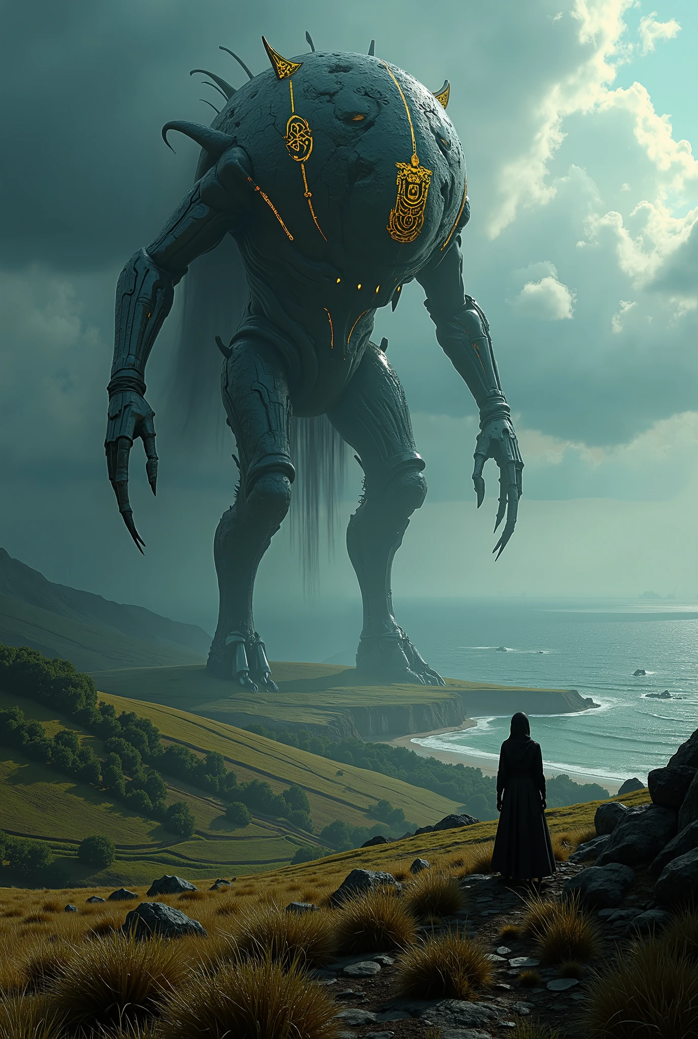 Wide view, high angle looking down the farmland shot, Fairytal, darktale, Fantasy, cinematic scene. Dramatic storming sky over serene ocean background. The Caspian Monster. Golden runes and cybernectic line decorate, Grimmdark, Mechanical. (Ultra-realistic, 32k, Masterpiece, High Quality, Detailed Realistic Background, Official Art, Realistic Lighting, filmfotos, film grain, reversal film photography).