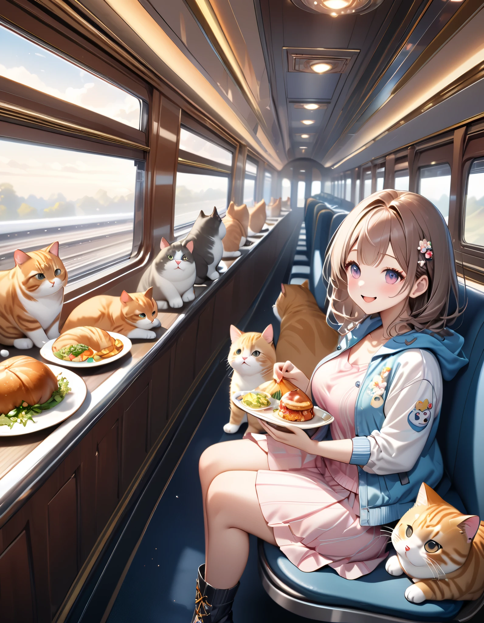 (masterpiece), (ultra-detailed:1.3), best quality, clear focus, dramatic scene, cinematic, shadow, (ultra-high resolution:1.3), (8k:1.3), perfect anatomy, perfect face, (detailed face), (detailed eye:1.2), (chibi:1.2), cute Japanese chibi girl, famous Japanese chibi idol, very beautiful and cute and cool face, (wearing a very cute decorated casual wear with cool blouson:1.2), casual boots, (large breasts), (She is having a meal with a family of giant fat cats in the gorgeous dining car of a high-speed train :1.3), (a family of giant fat cats is sitting down to eat and mewing:1.3), many plate of gorgeous cuisine is on the table, they look so happy, happy smile, peaceful atmosphere