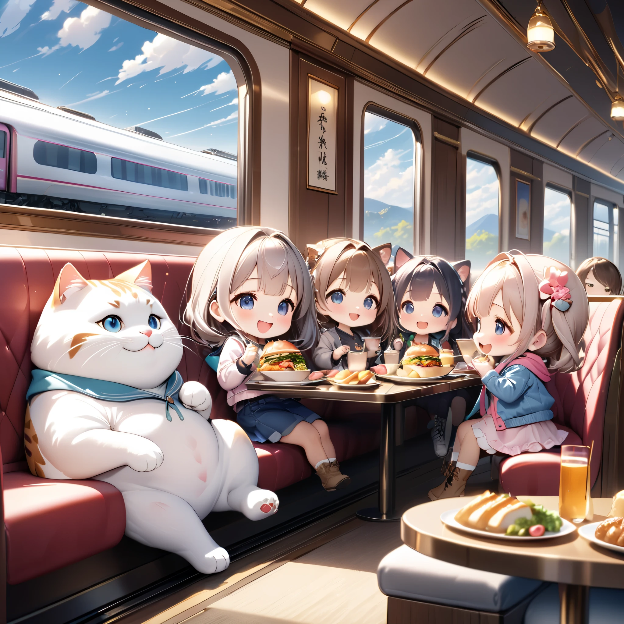 (masterpiece), (ultra-detailed:1.3), best quality, clear focus, dramatic scene, cinematic, shadow, (ultra-high resolution:1.3), (8k:1.3), perfect anatomy, perfect face, (detailed face), (detailed eye:1.2), (chibi:1.2), cute Japanese chibi girl, famous Japanese chibi idol, very beautiful and cute and cool face, (wearing a very cute decorated casual wear with cool blouson:1.2), casual boots, (large breasts), (She is having a meal with a family of giant fat cats in the traditional Japanese styled gorgeous dining car of a high-speed train :1.3), (a family of giant fat cats is sitting down to eat and mewing:1.3), many plate of gorgeous cuisine is on the table, they look so happy, happy smile, peaceful atmosphere, Giant fat cat families consist of fine parent cats and cute kittens