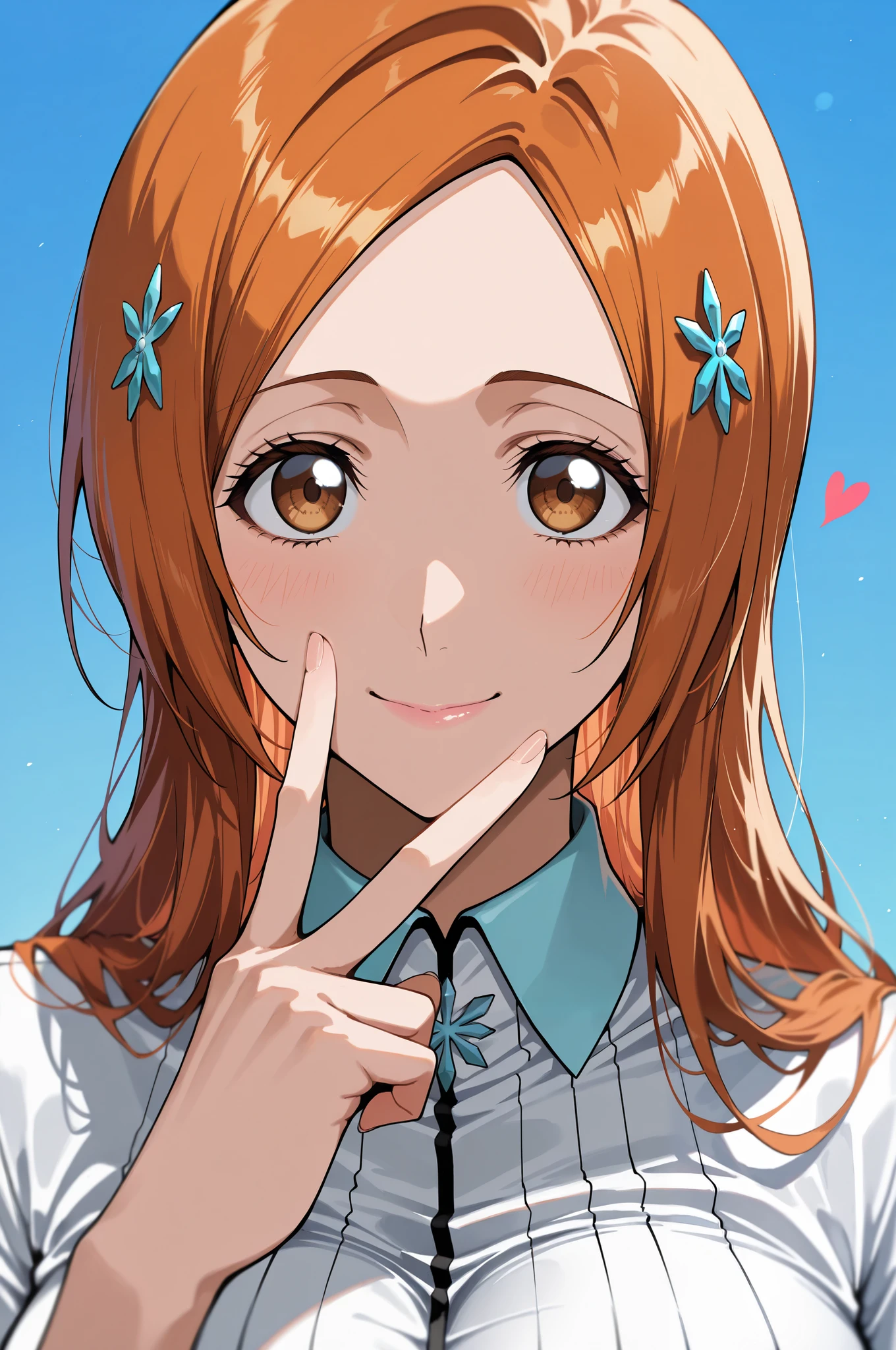masterpiece, best quality, amazing quality, very aesthetic, absurdres, newest, scenery,highly detailed,high-resolution,close-up portrait,female,woman,inoue orihime,bleach,orange hair,long hair,brown eyes,fair skin,glossy texture,pink lips,white collared shirt,simple background,blue background,v sign,one hand,heart,focused subject,sharp focus,medium depth of field,slight smile,looking at viewer,from the side,clean lines,smooth lines,sharp,masterpiece, best quality, amazing quality, very aesthetic, absurdres, newest, scenery
