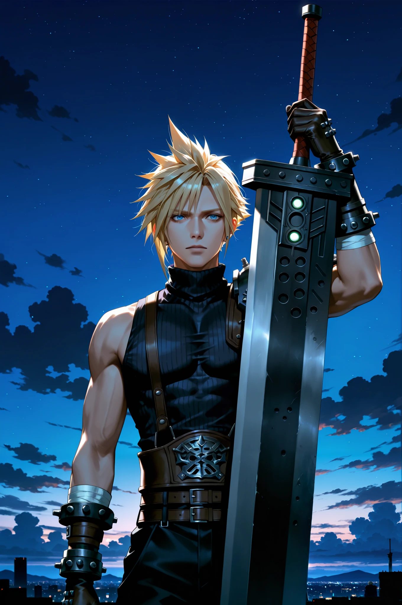 masterpiece, best quality, 2.5D, realistic, buster sword, holding buster sword, 1man, Cloud Strife, final fantasy, 1man, blonde_hair, outside, night time
