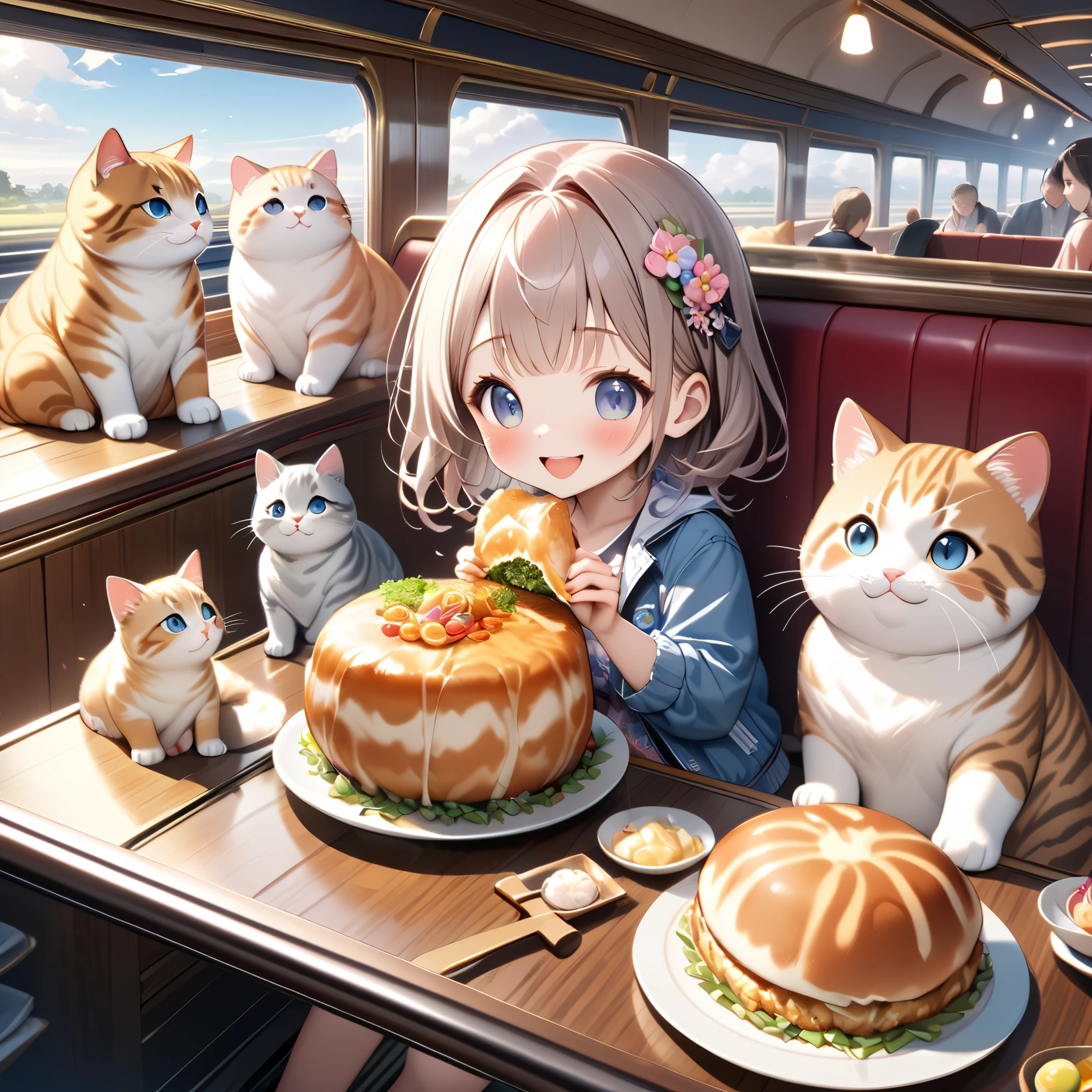 (masterpiece), (ultra-detailed:1.3), best quality, clear focus, dramatic scene, cinematic, shadow, (ultra-high resolution:1.3), (8k:1.3), perfect anatomy, perfect face, (detailed face), (detailed eye:1.2), (chibi:1.2), cute Japanese chibi girl, famous Japanese chibi idol, very beautiful and cute and cool face, (wearing a very cute decorated casual wear with cool blouson:1.2), casual boots, (large breasts), (She is having a meal with a family of giant fat cats in the traditional Japanese styled gorgeous dining car of a high-speed train :1.3), (a family of giant fat cats is sitting down to eat and mewing:1.3), many plate of gorgeous cuisine is on the table, they look so happy, happy smile, peaceful atmosphere, Giant fat cat families consist of fine parent cats and cute kittens