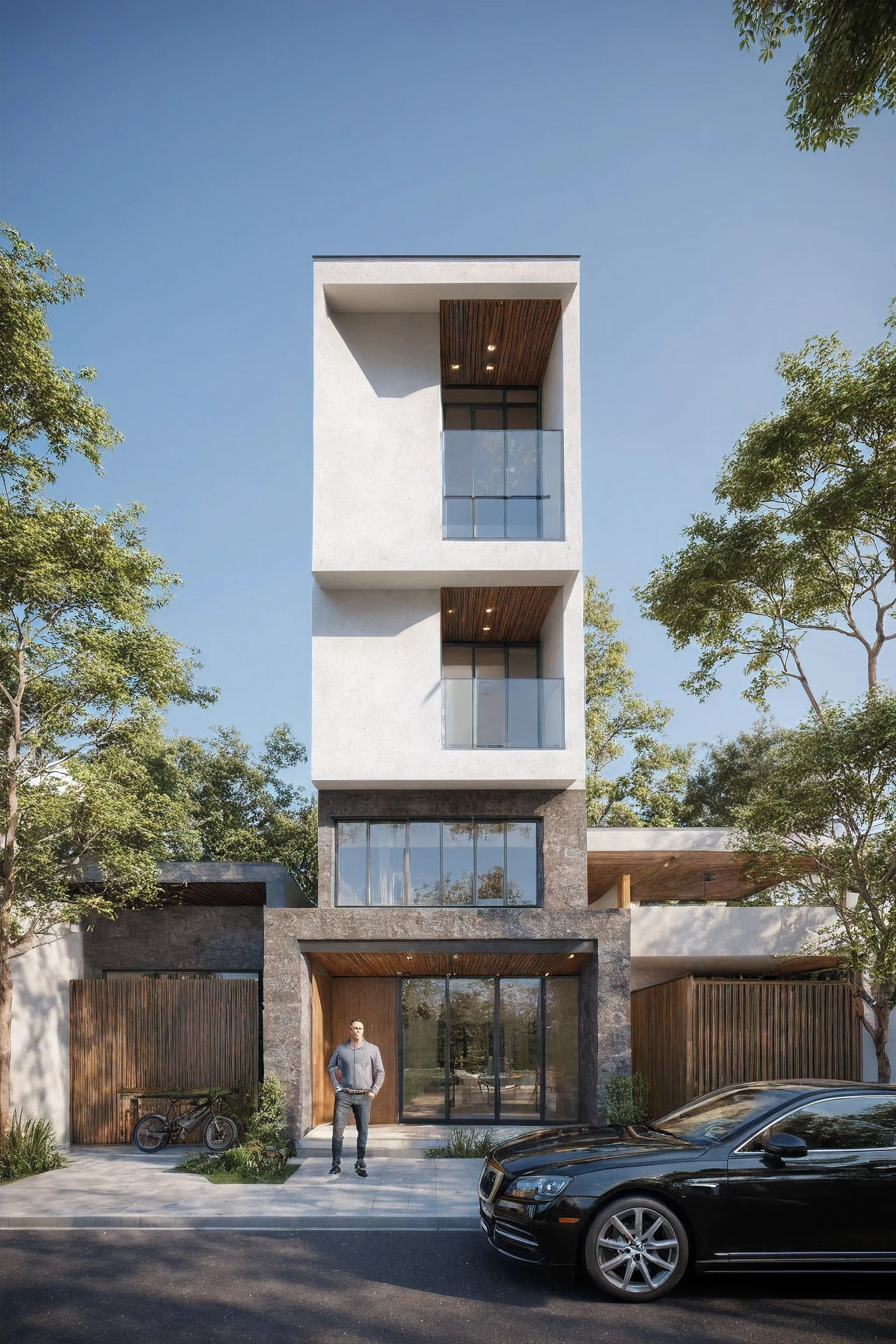 townhouse, (modern style:1.2), open roof top sky, exterior design, perspective view, (white wall:1.3), (block sidewalks and asphalt roads), (day sky background), Low trees around the house, (the house next door is lower than the subject designer's house), (mid day), (Neutral lighting is suitable for the townhouse, light color thermometer lighting), (architectural design visualization), (reflection), (focus on object), (material normal bump real reflection), (scattered light), (light ray), (multi-beam light), (sunbeam) (multi-level reflection), (chao vantage software visualization render),(((Best Quality))), ((Masterpiece)), ((best illustration)), ((best shadows)), ((Super Detail)), (Intricate lines), (Photorealism),(hyper detail), ((archdaily)), ((award winning design)), (dynamic light), ((day)), spotlight, (perfect light), (shimering light), ((photorealistic)), ((intricate detail)), ((extreme detail)), ((crazy detail)), ((octane render)), ((trending on artstation)), ((High-fidelity)), ((Viwvid)), ((Crisp)), ((Bright)), ((Stunning)), ((Eye-catching)), ((High-quality)),((Sharp))((Bright)), ((Stunning)), ((natural sun environment)), ((Eye-catching)), ((Illuminating)), ((Flawless)), ((High-quality)),((Sharp edge render)), ((medium soft lighting)), ((photographic render)), ((detailed archviz)), ((reality environment)), (modern townhouse design architectural design facade), (modern townhouse facade roof design), (modern townhouse facade wall design), (modern townhouse facade decoration material design) (townhouse facade door and window design modern), (environmental lighting design), (modern townhouse facade lighting design), (modern townhouse front gate and fence design), (Design lights for gate posts and fences), (townhouse facade railing design), (level of photo realism, depends on lighting, materials, composition, Real-Time Rendering, based on chao vantage timage rendering graphics software)