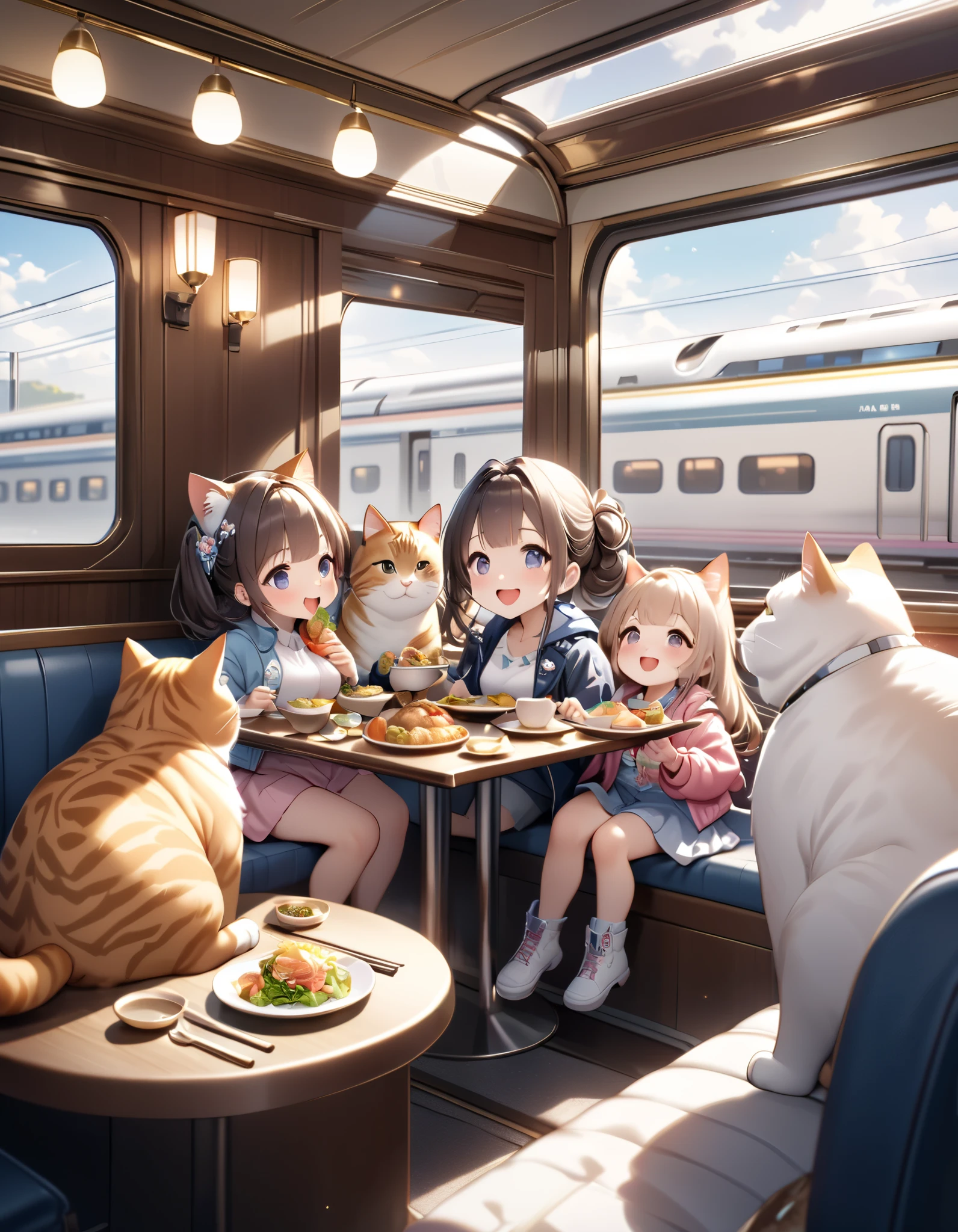 (masterpiece), (ultra-detailed:1.3), best quality, clear focus, dramatic scene, cinematic, shadow, (ultra-high resolution:1.3), (8k:1.3), perfect anatomy, perfect face, (detailed face), (detailed eye:1.2), (chibi:1.2), cute Japanese chibi girl, famous Japanese chibi idol, very beautiful and cute and cool face, (wearing a very cute decorated casual wear with cool blouson:1.2), casual boots, (large breasts), (She is having a meal with a family of giant fat cats in the traditional Japanese styled gorgeous dining car of a high-speed train :1.3), (a family of giant fat cats is sitting down to eat and mewing:1.3), many plate of gorgeous cuisine is on the table, they look so happy, happy smile, peaceful atmosphere, Giant fat cat families consist of fine parent cats and cute kittens