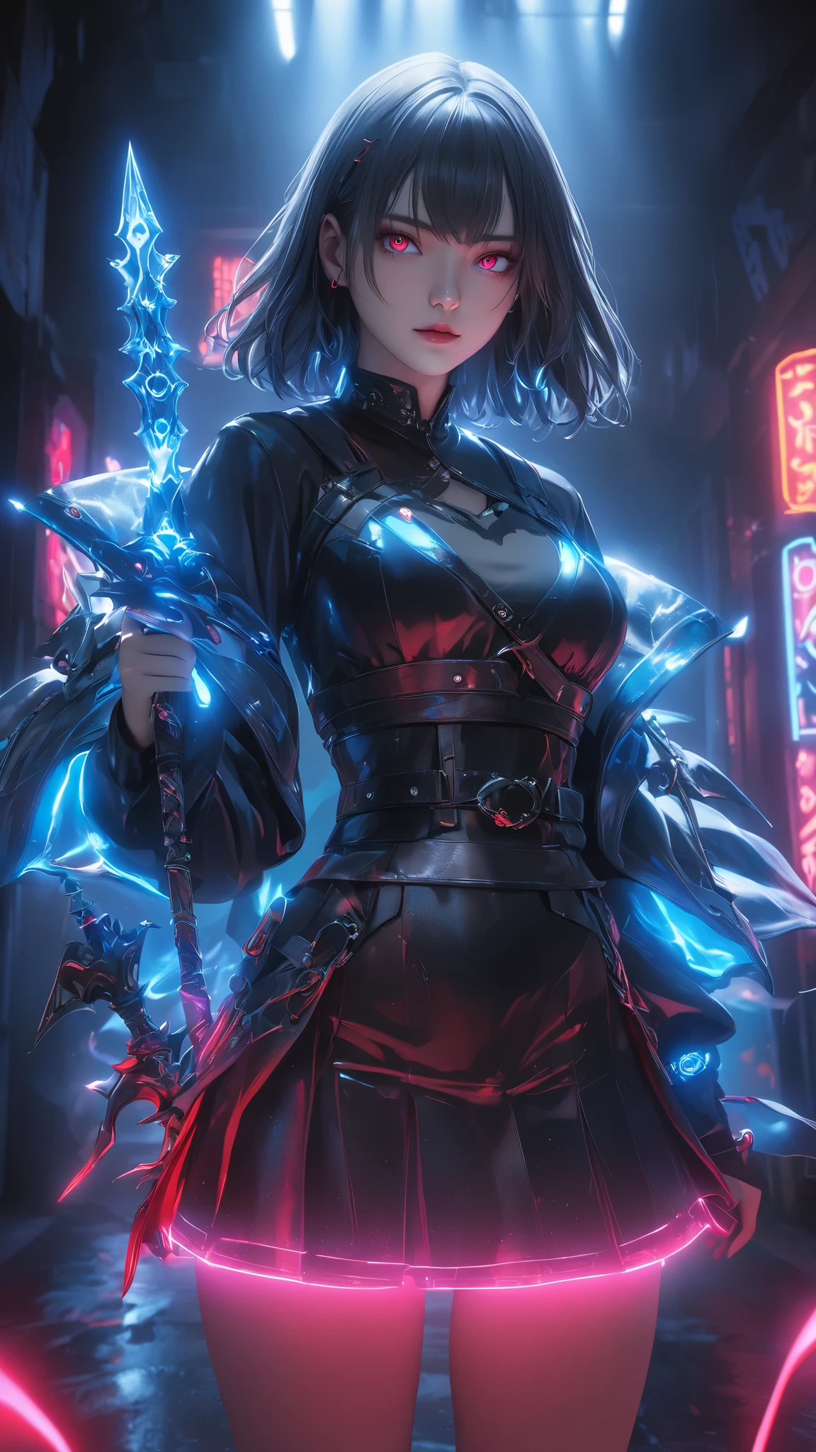 woman、Grey Necromancer, Mist of Blood, ray tracing , Masterpiece,ultimate、 Top quality , Super high quality , Unconventional細部, best light, sharp, sharp image,, Details, extremely Details, high resolution, 16k, 超 high resolution, particle effect , Beautiful Effects, bright color , neon light, neon, light, close-up、 Micro Miniskirt、超flat-chested:1.5 、AA-Cup、small tits、Extra thin waist :1.5、 Ultra Realistic Textured Face and Skin、 Long Sleeve、spike、 photorealistic 、Original photo、 glowing eyes、Unconventional、