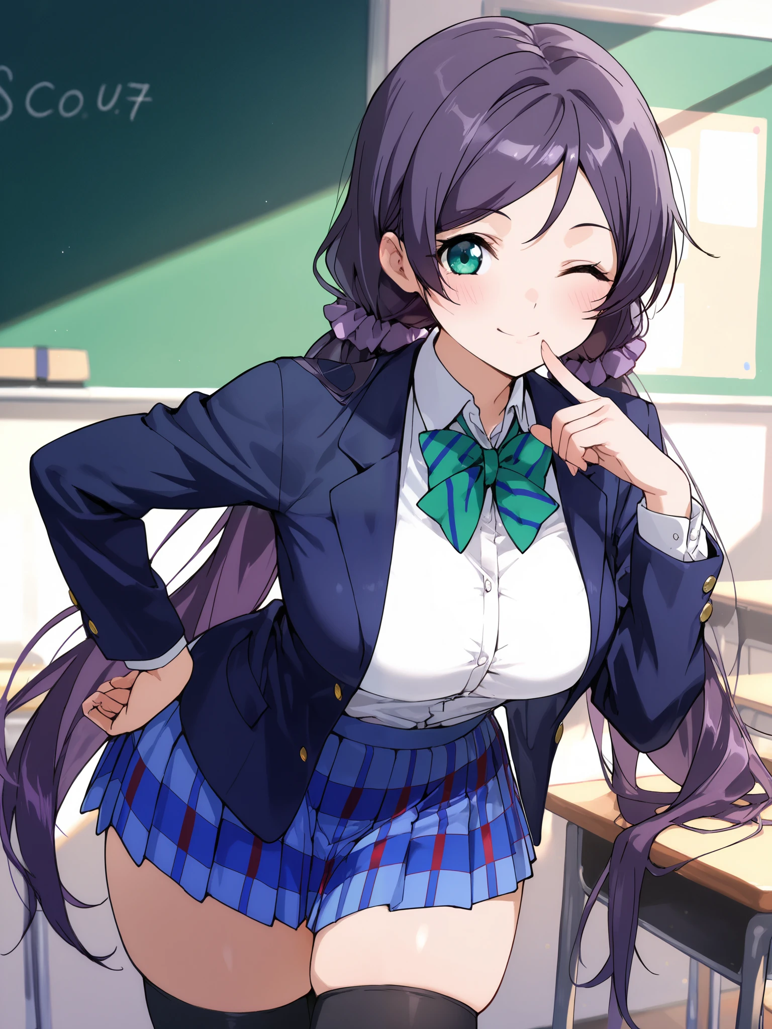 1girl ,black thighhighs ,blazer ,blue bow ,blue jacket ,blush ,breasts ,large breasts ,bow ,bowtie ,collared shirt ,dress shirt ,green bow ,green bowtie ,green eyes ,hair behind ear ,hair scrunchie ,jacket ,long hair ,long sleeves ,looking at viewer ,low twintails ,miniskirt ,open clothes ,open jacket ,closed mouth ,smile ,hand on own cheek ,finger to mouth ,hand on own hip ,otonokizaka school uniform ,plaid clothes ,plaid skirt ,pleated skirt ,purple hair ,purple scrunchie ,school uniform ,scrunchie ,shirt ,skindentation ,skirt ,solo ,striped bow ,striped bowtie ,striped clothes ,thick thighs ,thighhighs ,wink ,very long hair ,classroom ,white shirt ,zettai ryouik ,masterpiece, best quality, ultra detailed ,