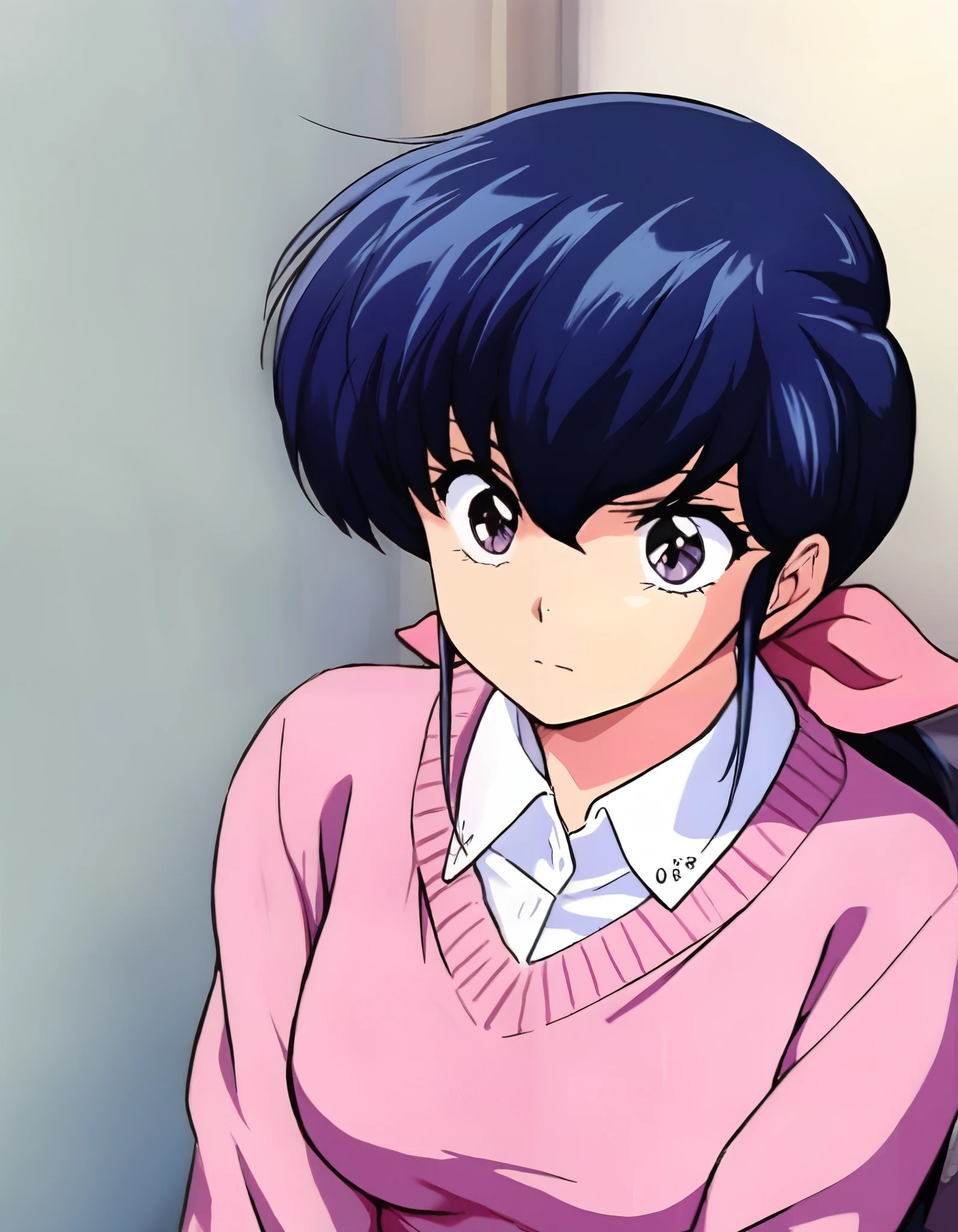 kyoko,masterpiece,best quality,good quality,1girl,solo,ponytail,hair_ribbon,pink sweater,white collared shirt , dark blue hair,retro style 