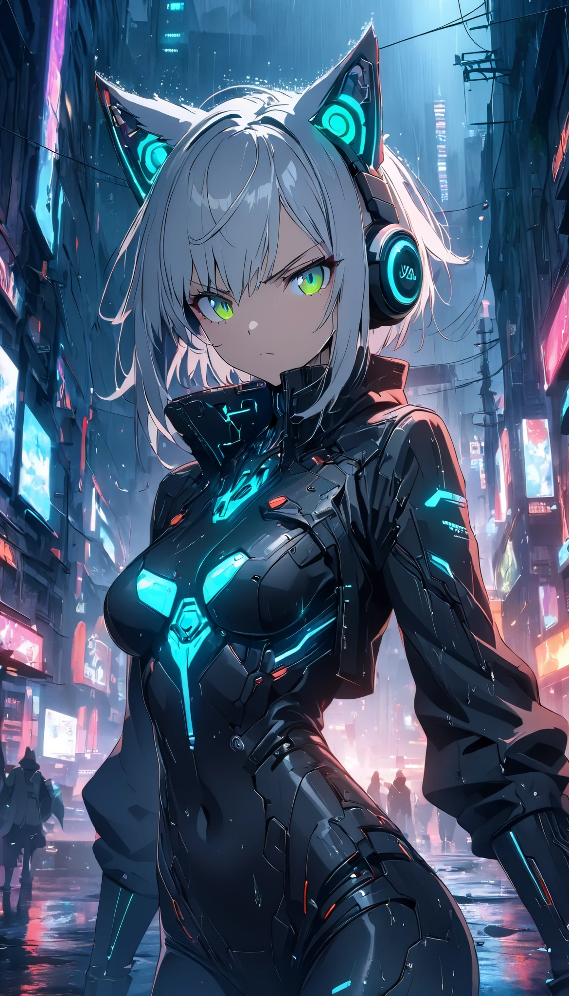 Arknights art style, arknights world,cat girl,cat ears,fluffy white tail,short hair,white hair,green eyes,there is a woman with big breasts and massive hips in a corset and a white outfit, with Fishnet on breasts, humble outfit, wearing techwear and armor, cyberpunk outfit, wearing japanese techwear, intriguing outfit, black and white cyberpunk clothes, cyberpunk style outfit, female cyberpunk anime girl, cyberpunk streetwear, cyberpunk dress, anime girl , photograph of a techwear woman,