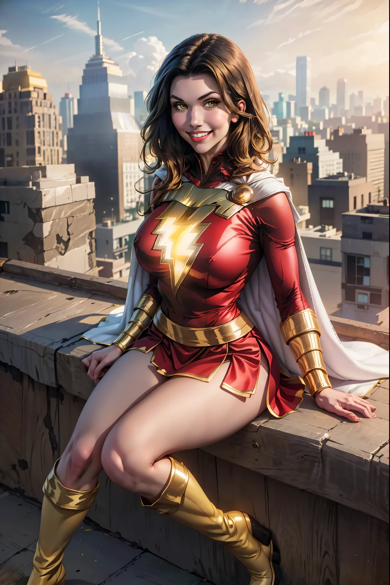 Grace Fulton, masterpiece, best quality,  mary marvel, white cape, red dress, red skirt, long sleeves, bracer, large breasts, smile, looking at viewer, cityscape, rooftop, smile, yellow boots, sitting, short hair,  is very big, gr4c3f
