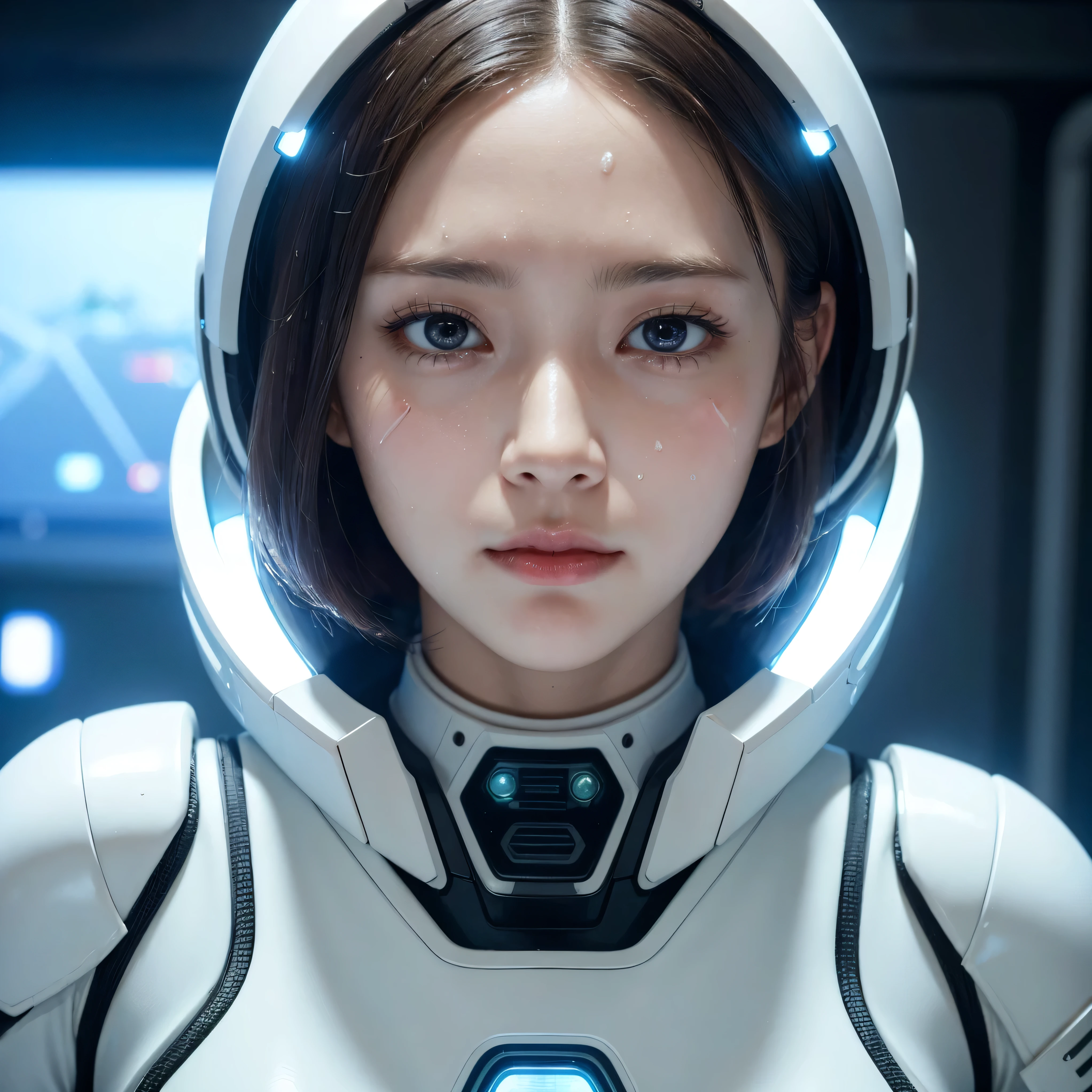 (Masterpiece、 photorealistic、 tall Highly detailed )、 beautiful woman with sweat on her face、 realistic skin and detailed hazel eyes 、 small smile 、 Short Bob's Hair 、 white mechanical spacesuit with precise construction 、 small bust、 large and bright control room inside the spaceship 、 bioluminescence 、Optical fiber LED 