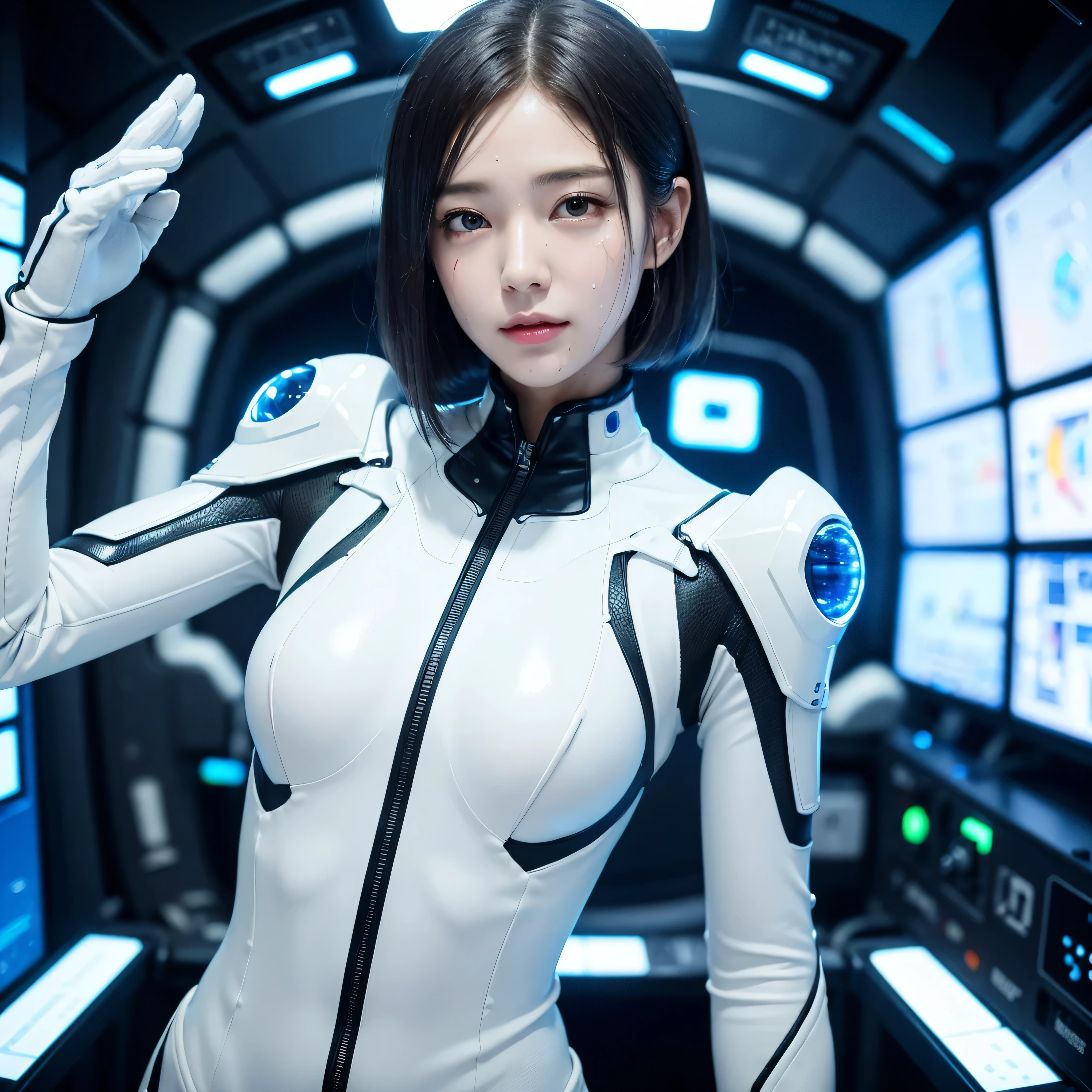 (Masterpiece、 photorealistic、 tall Highly detailed )、 beautiful woman with sweat on her face、 realistic skin and detailed hazel eyes 、 small smile 、 Short Bob's Hair 、 white mechanical spacesuit with precise construction 、 small bust、 large and bright control room inside the spaceship 、 bioluminescence 、Optical fiber LED 