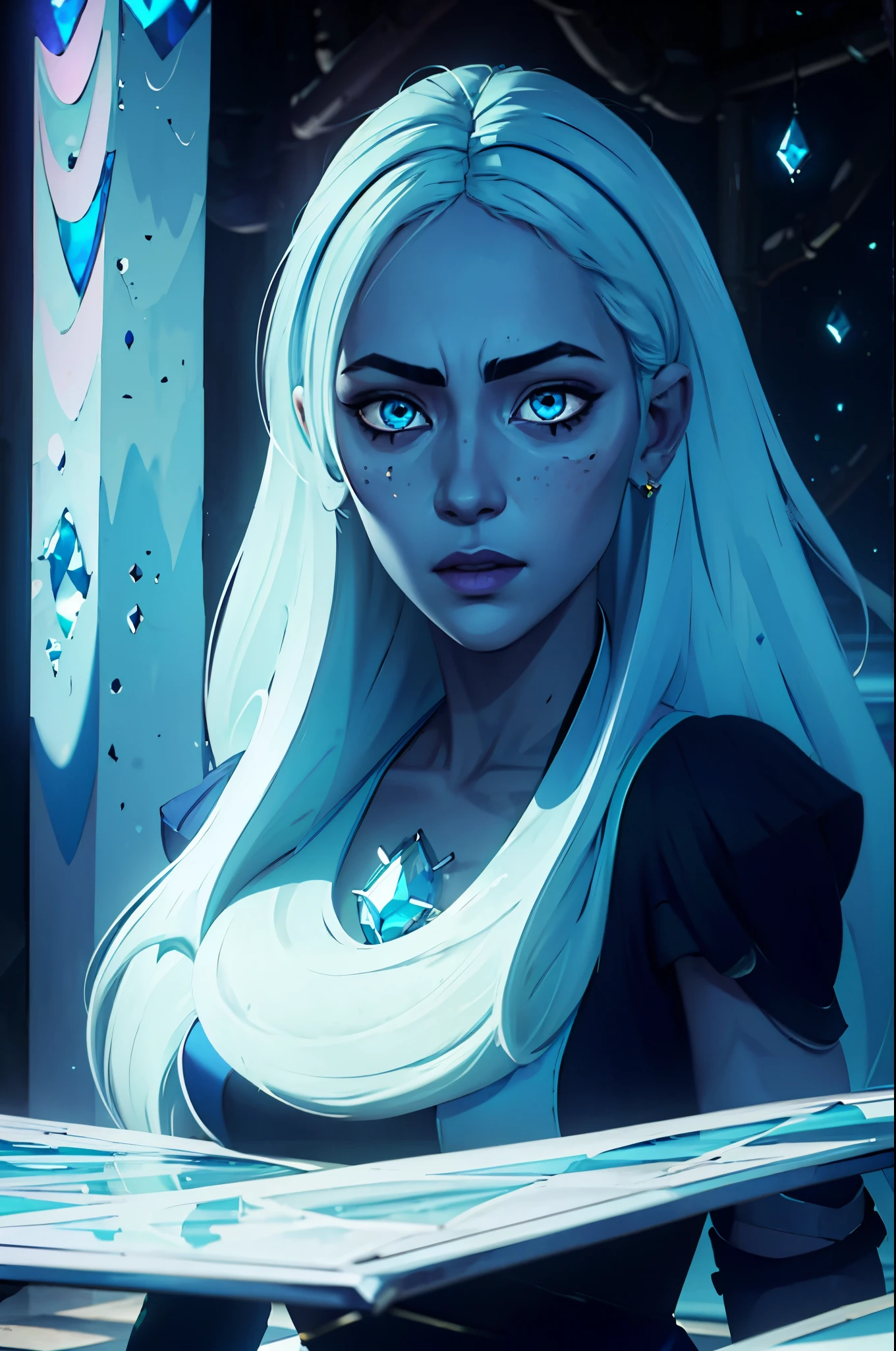 (disheveled hair),[white hair:blue buttom hair:0.8],(looking up:1.3),
watterfall, lightray, cave, flying, night, moonlight, (KidaWaifu:1), curvy, (strapless, navel, armlet, tribal skirt, tribal), (bangs), makeup, cute pose, cute, looking up, shocked, (detailed cave, water, lightray:1.2),(detailed background),detailed landscape, (dynamic angle:1.2), (dynamic pose:1.2), (rule of third_composition:1.3), (Line of action:1.2), wide shot, solo, (masterpiece:1.2), (best quality, highest quality), (ultra detailed), (8k, 4k, intricate),(upperhalf-shot), (upperbody:1.4), (50mm), (highly detailed:1.2),(detailed face:1.2), detailed_eyes,(gradients),(ambient light:1.3),(cinematic composition:1.3),(HDR:1),Accent Lighting,extremely detailed CG unity 8k wallpaper,original, highres,(perfect_anatomy:1.2), glowing eyes, hands down, open arms, awaiting, glowing accessories, bioluminescence, dark, night,darkness, cold, cold lighting, falling water, a light from above, chin up, floating hair, wind hair, floating accesories, floating pebbles, from above, face focus, close-up, kaneki_meme, (1 gold yellow earring), ((dark skin tone))