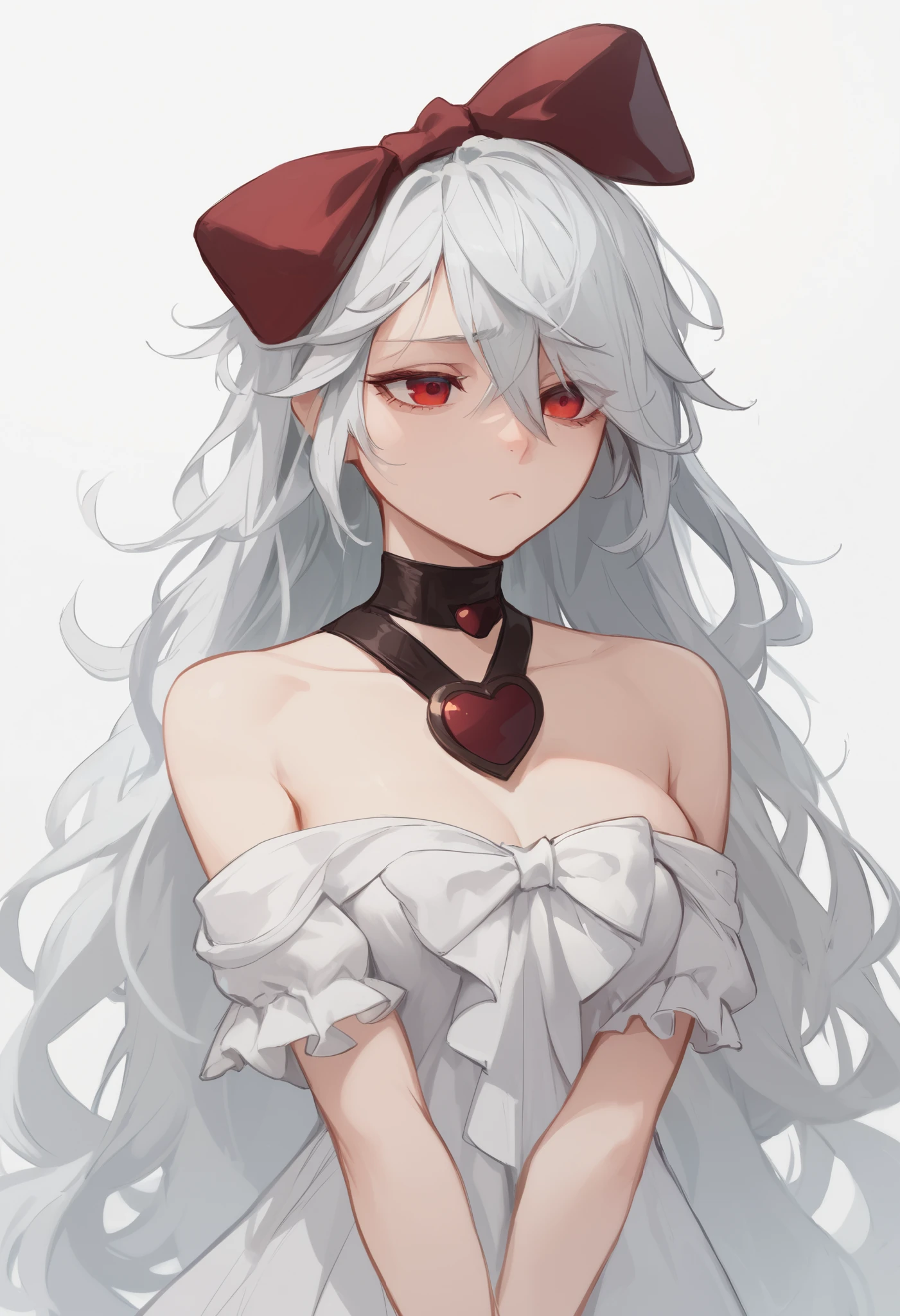score_9, score_8_up, score_7_up, sinestrea, 1girl, white hair, bare shoulders, white dress, frown hair bow, long hair, heart brooch, medium breasts, hair bow, ribbon, red eyes,