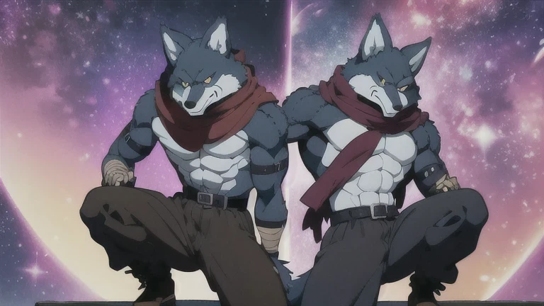 Bergamo _., posing for the camera , Presume. 4k, High resolution, the best quality , published in e621 , Alone, anthropogenic body , man , , man , ( Correct muscles , detailed muscles , very muscular, broad chest, pectorals, biceped:1.1), correct anatomy , correct proportions, Anatomy of the Taran ,, (Space clouds, pink galaxy, stars:1.0), (by WFA, por taran fiddler:1.0), (by black:0.8), (shaded cell:1.2), cartoon shading, Reliable , strong, (Long wolf tail :1.0), (pantalones, belt:1.1), ( half black :1.2), (Detailed Bergamo _Eyes of .:1.1), pose strong, looking at the camera , scarf, pose strong, bare chest intense colors, yellow eyes , fluffy wolf tail , squatting posture , open legs ,.