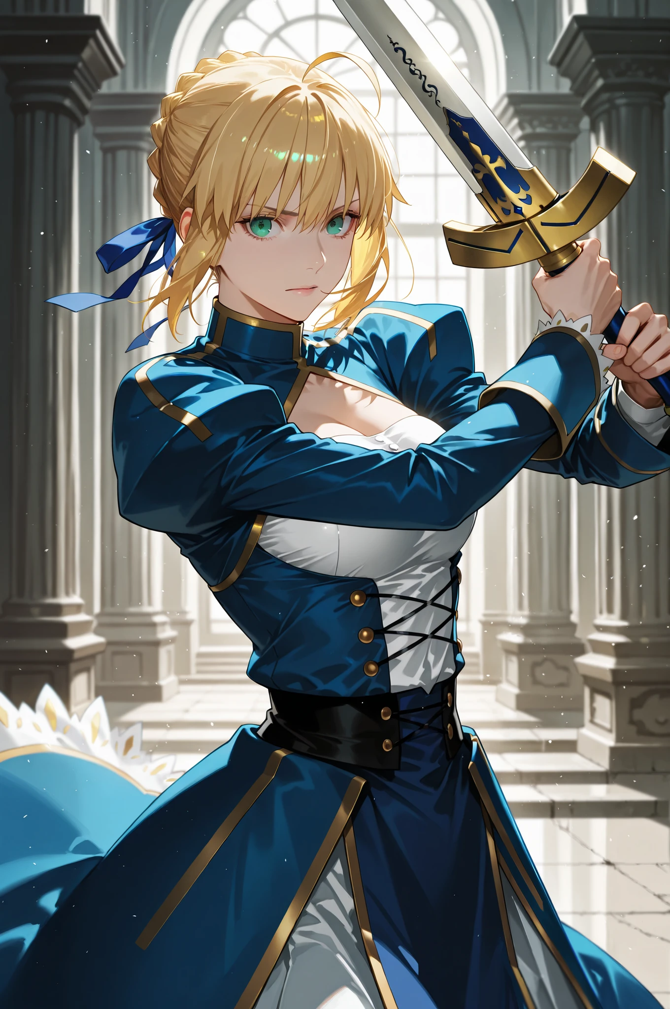 masterpiece, best quality, 2.5D, realistic, ,weapon, holding sword, 1girl, saber, fate_(series), 1girl, blonde_hair, green_eyes, tied hair
