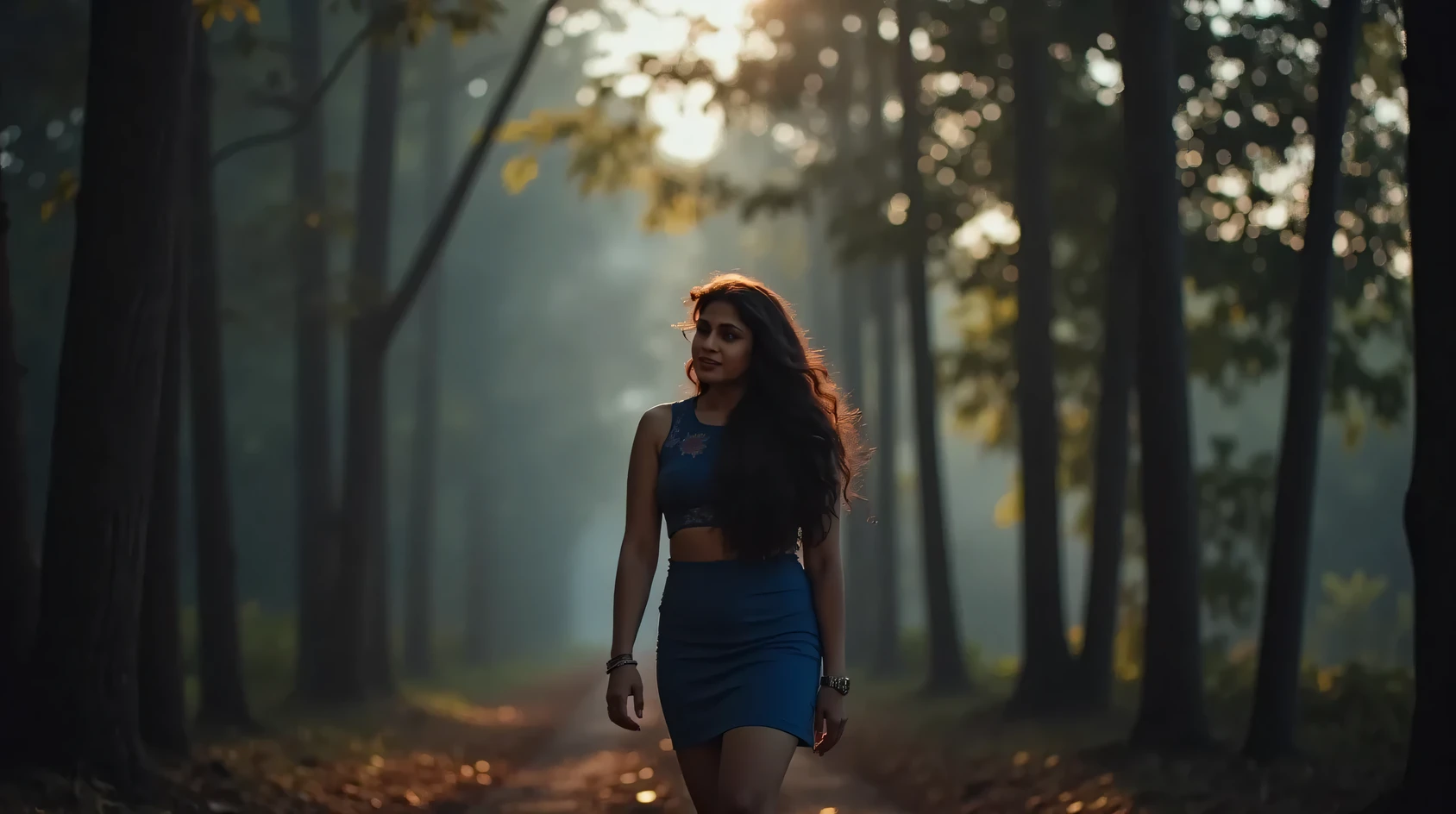 "A woman walking through a misty forest, the dense canopy above making the scene dim yet ethereal. Her figure is slightly obscured by the mist, with sunlight creating soft, glowing streaks through the haze, giving her a mysterious aura."