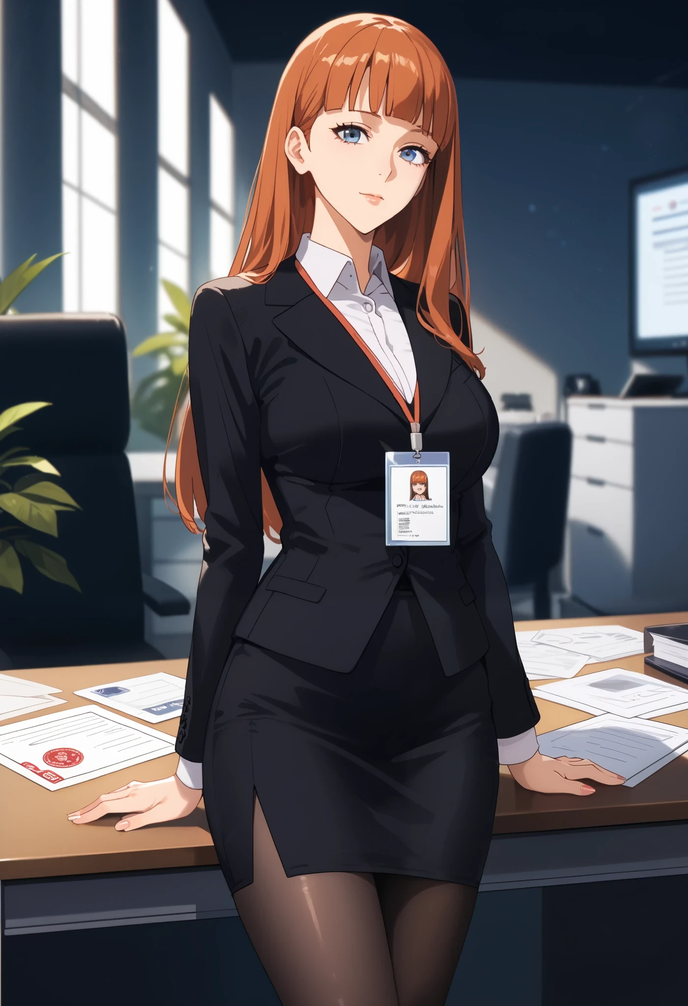 score_9, score_8_up, score_7_up, source_anime,masterpiece, best quality, very aesthetic, absurdres,cinematic lighting,1girl, mature female,milf,shiny skin,long hair
orange hair,blunt bangs,blue eyes,black pantyhose, black skirt, collared shirt,pencil skirt, skirt suit, ID card, lanyard, office lady, office background, 