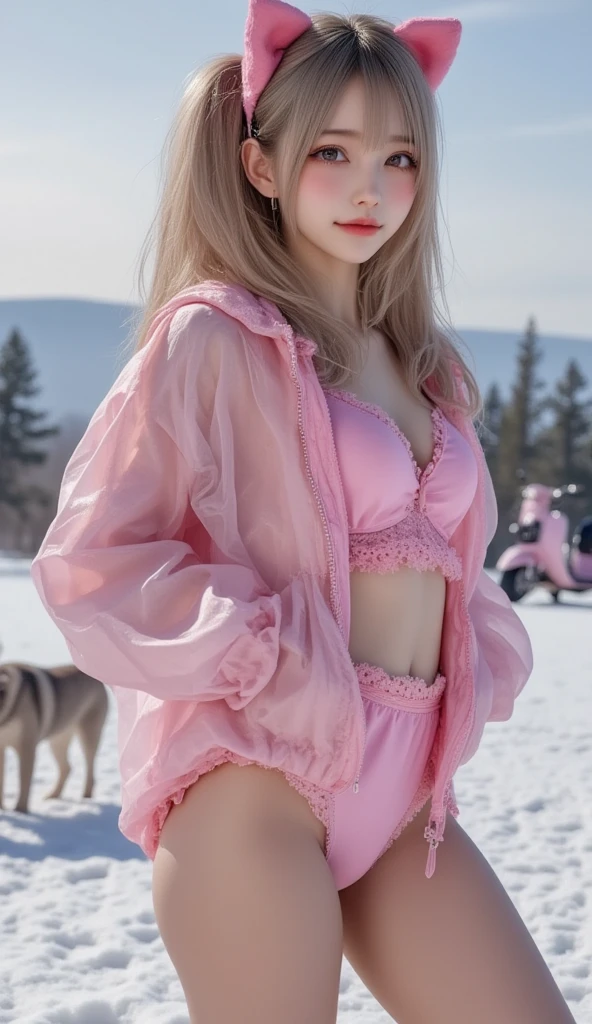(((wearing white long Down jacket ))), ((wearing neoncolor leotard)), ((wearing fishnet tights)), // Bewitching eyes, well-balanced eyes, //street snap // ((facing viewer)), //at the street in tokyo, //japanese lady, pale skin, //droopy eyes,//short pink hair, //((standing)), high quality:1.3, Professional lighting:2.0 realistic:1.2, 4k resolution, detailed skin, masterpiece:1.1