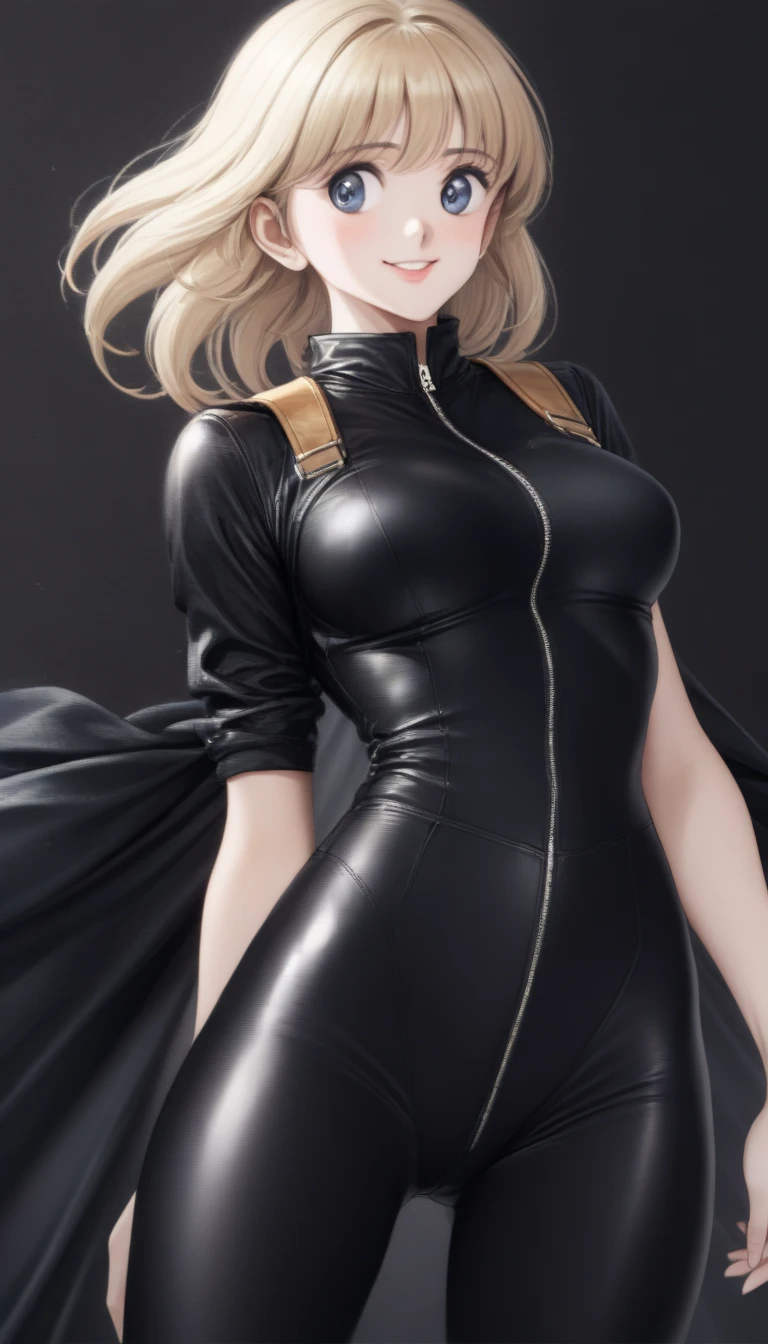 ChristiaAOT, 1girl, solo, christa renz, smile, hair between eyes, Blue eyes, blonde hair, jacket, medium hair,