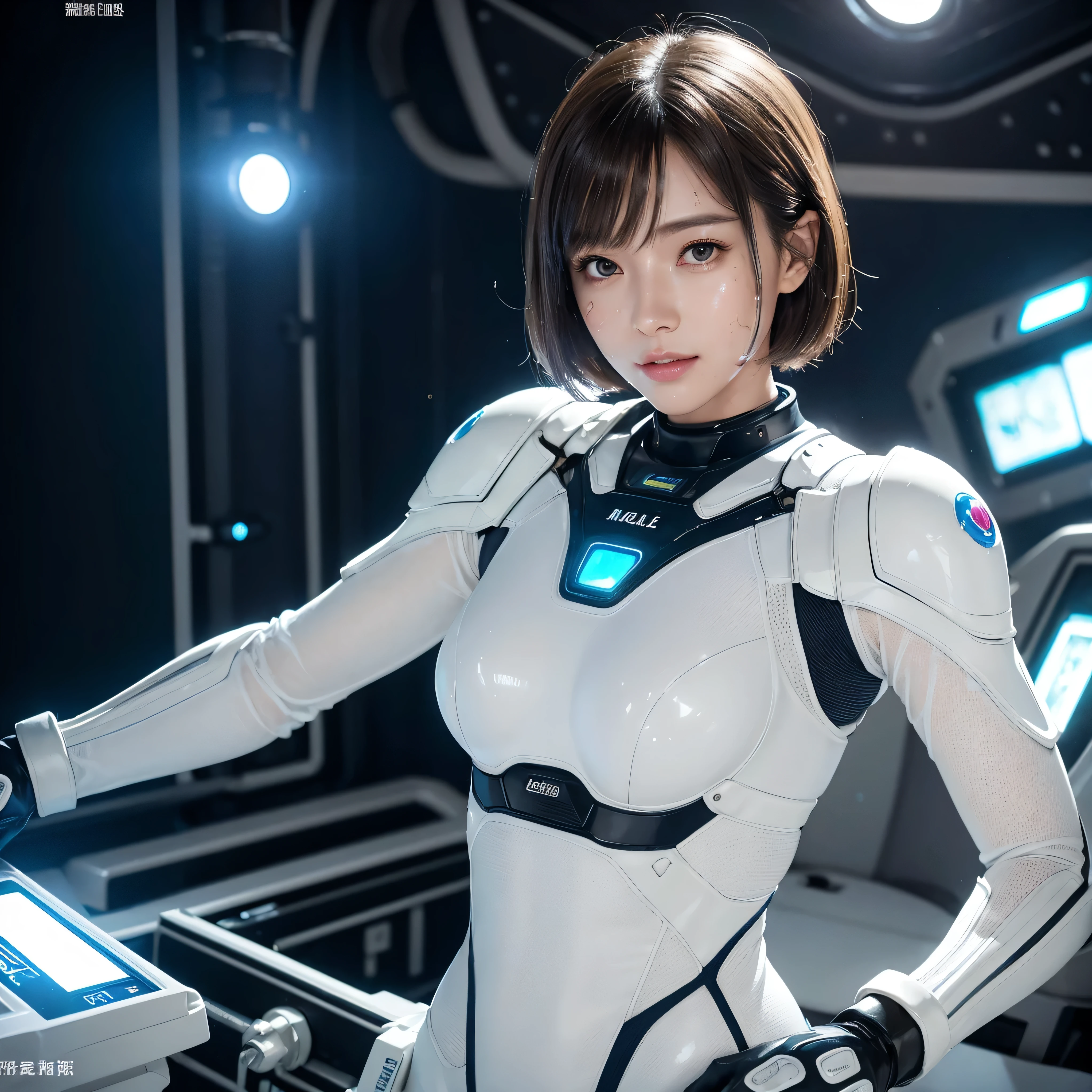 ultra-detailed, 1 girl, Asian, athletic body, realistic skin texture, short hair, (breasts:1.1), smile, gaze at viewer, white form-fitting space suit, gray interior of space ship, control panels, futuristic instruments, movie lighting, face focus, fine eyes, finerly detailed face, well lit face