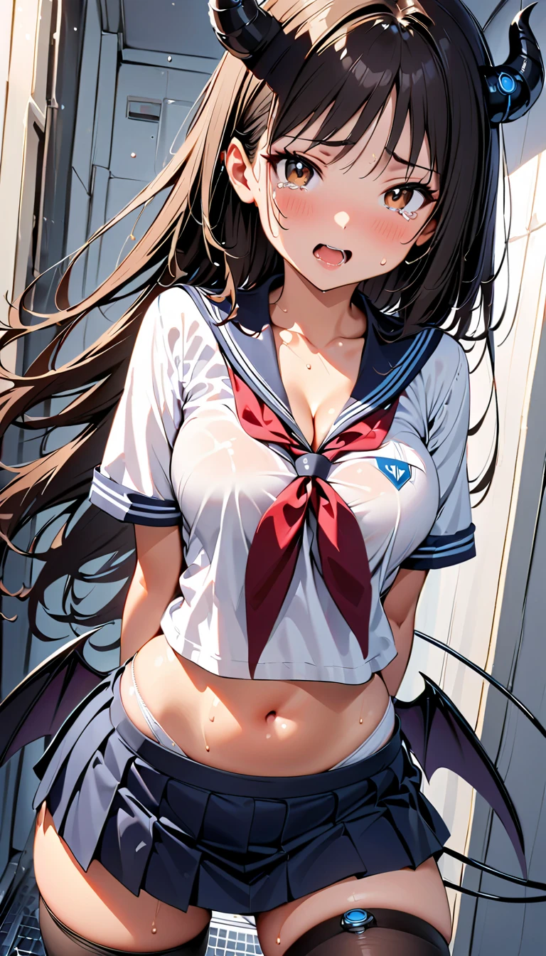 Highest quality, Super detailed, masterpiece, Ultra-high resolution, 8K, Embarrassing, blush, Lovely, Close one eye, With tears in her eyes and her mouth open, drooling, (arms behind head), wariza, (off-shoulder sailor uniform, micro mini skirt), cleavage out, crop top navel, 1girl, hishi amazon \(umamusume\), umamusume, (Brown Skin), medium breasts, Absolute area, Waistline, (Shower room, I take a shower)