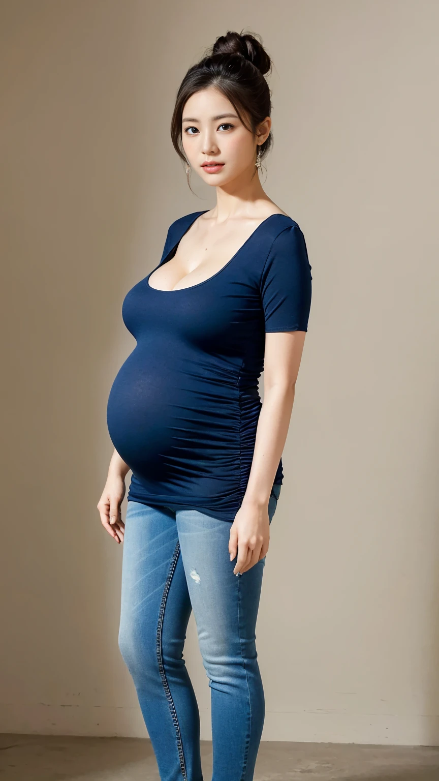 masutepiece, 16 K, Japanese, 1 female, 65 years old, (Round Neck Short Sleeve Maxi Tight Dress: 1.2), Huge heavy cleavage , chubby, (huge pregnant), Realistic