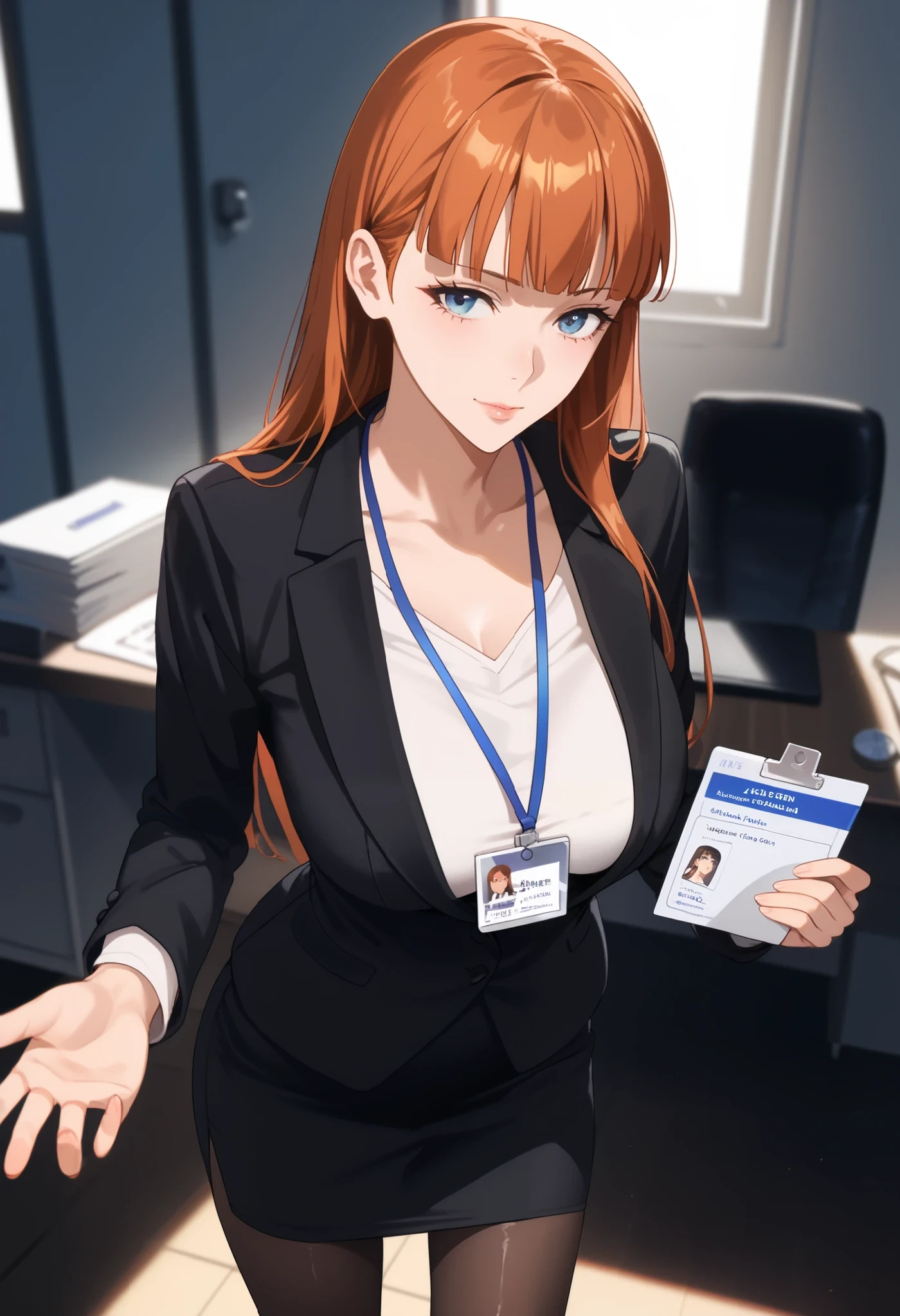 score_9, score_8_up, score_7_up, source_anime,masterpiece, best quality, very aesthetic, absurdres,cinematic lighting,1girl, mature female,milf,shiny skin,long hair
orange hair,blunt bangs,blue eyes,black pantyhose, black skirt,white laced trimmed bra, collarbone, pencil skirt, skirt suit, ID card, lanyard, office lady, office background,