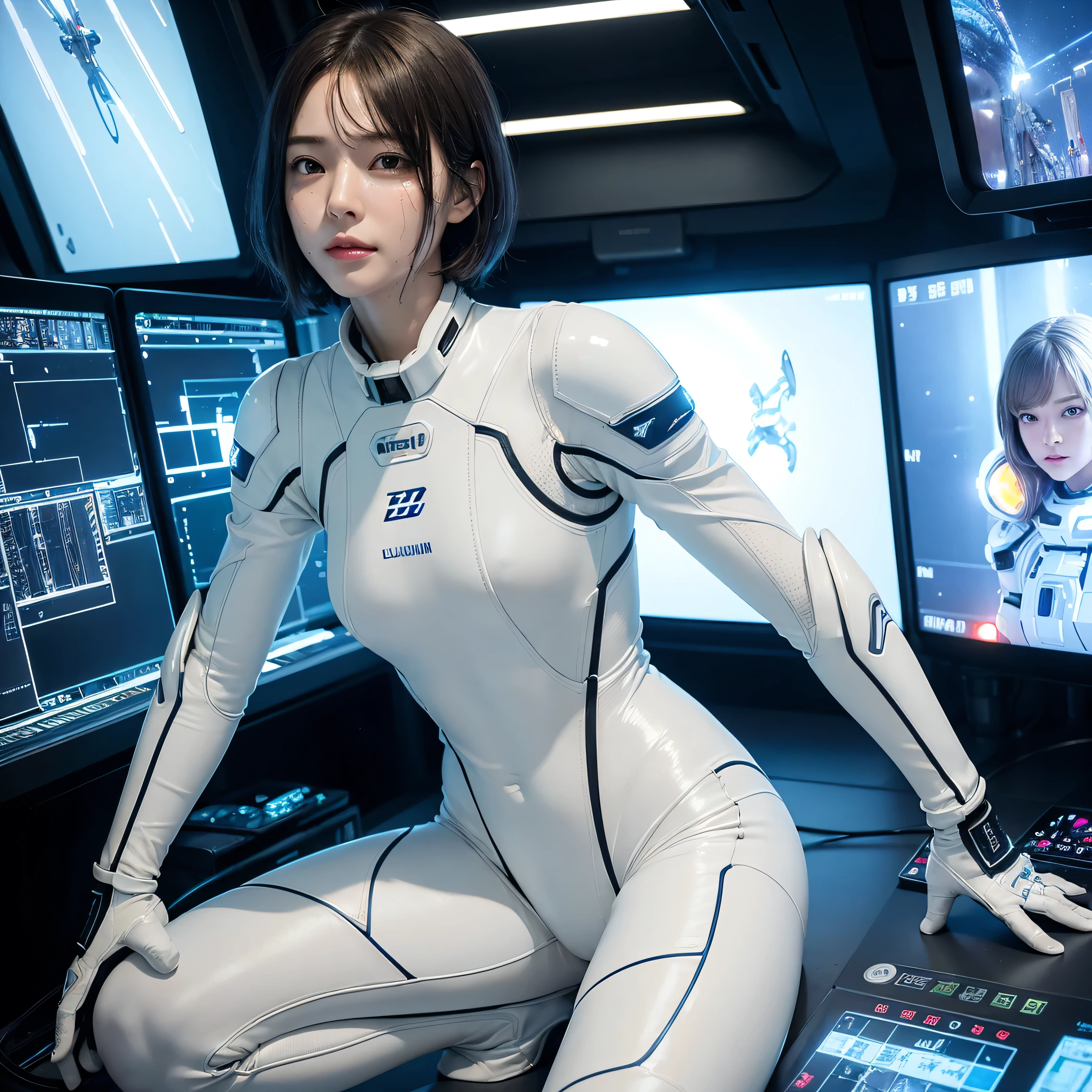 (Masterpiece、 photorealistic、 tall Highly detailed )、whole body、 beautiful woman with sweat on her face、 realistic skin and detailed hazel eyes 、 small smile 、 Short Bob's Hair 、 white mechanical spacesuit with precise construction 、 small bust、 large and bright control room inside the spaceship 、 bioluminescence 、Optical fiber LED 、 Long Boots 、 gloves up to the elbow 