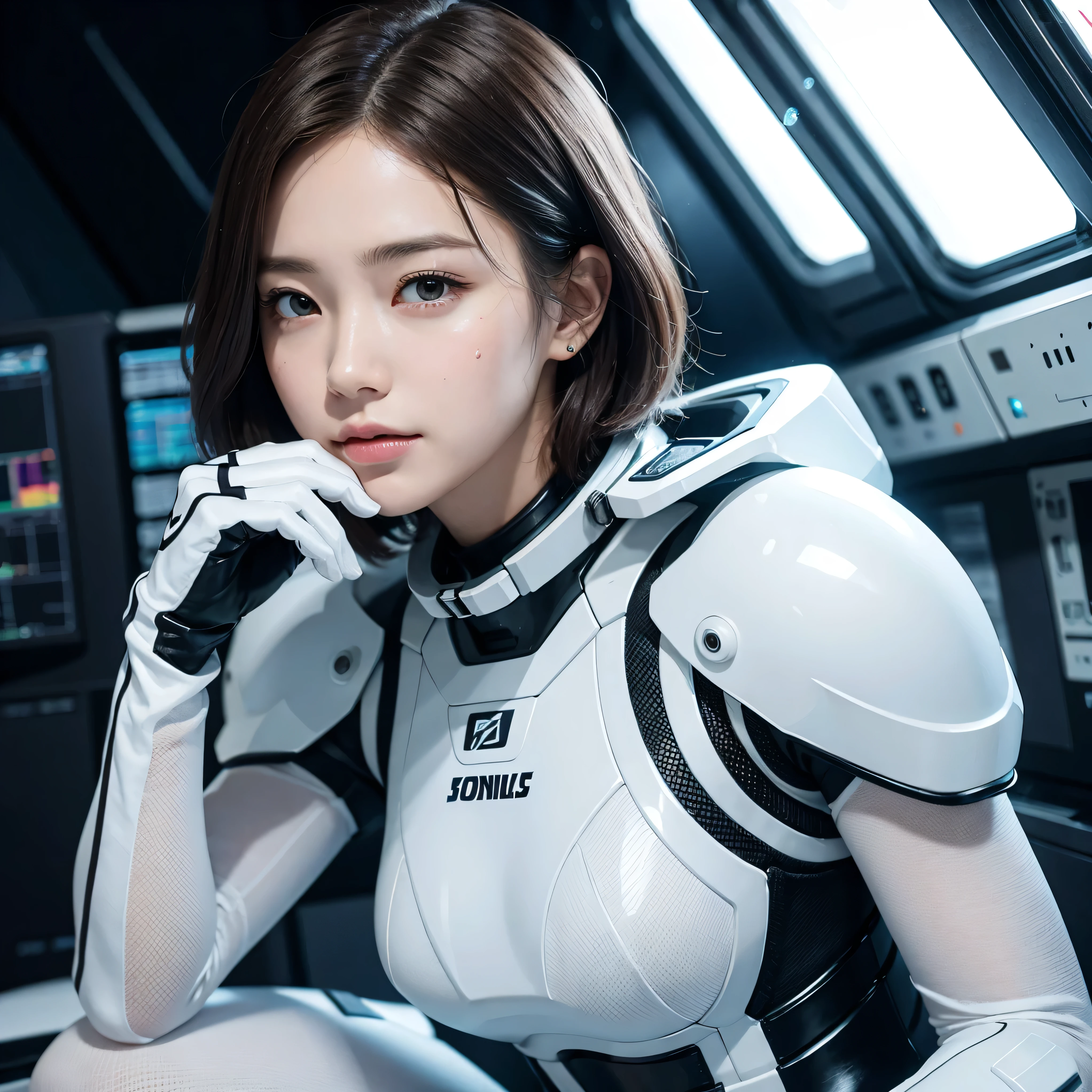 ultra-detailed, 1 girl, Asian, athletic body, realistic skin texture, short hair, (breasts:1.2), smile, gaze at viewer, white form-fitting space suit, gray interior of space ship, control panels, futuristic instruments