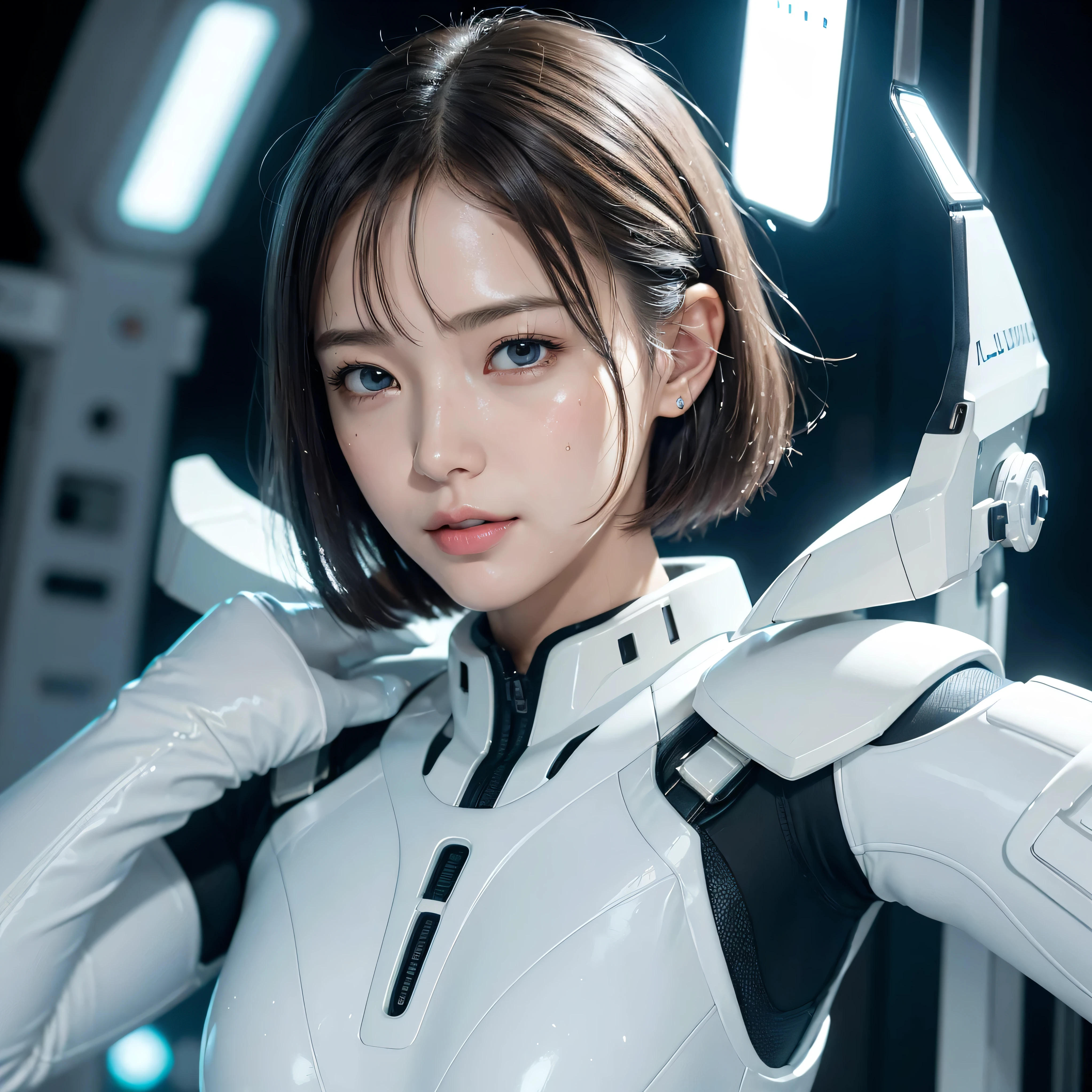 Highest quality, masterpiece, Ultra-high resolution, masterpieceハイパーリアリズム、Photorealistic、Beautiful Humanoid, Realistic Skin、Light brown short hair、Smile、 Realistic details、Intricate decorative details, Very intricate details, Neon Details, Circuit boards and light-emitting elements、 Precise construction、 Cold, mechanical beauty、Bioluminescence、optical fiber、Arafed Cyborg with high resolution white plastic details、High-tech control room inside a spaceship、