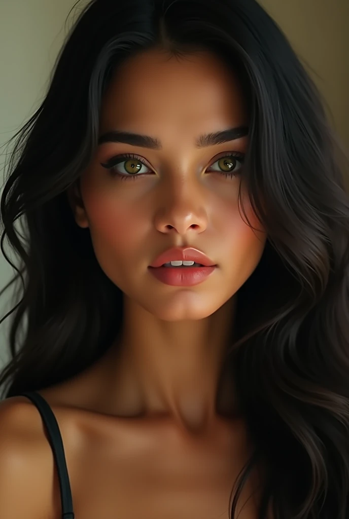 brunette woman with Andalusian features ,jet black hair, large yellow eyes, large, full lips, ears proportionate to her face, slim fit body, small waist and large breasts