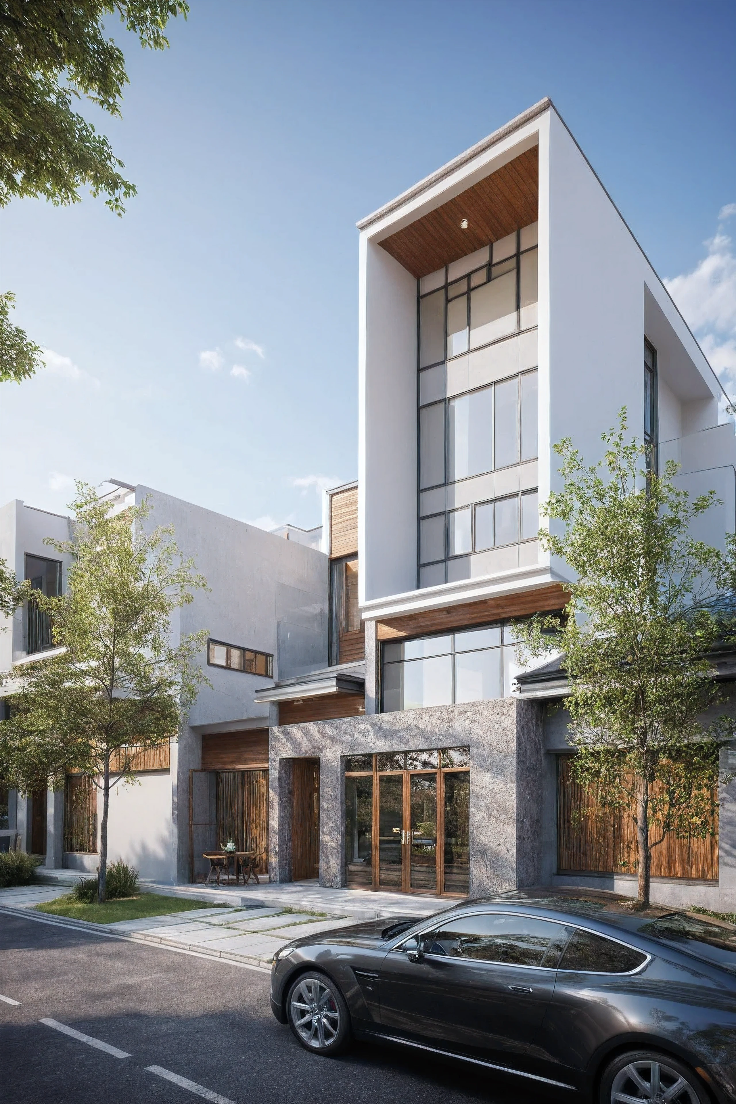 townhouse, (modern style:1.2), open roof top sky, exterior design, perspective view, (white wall:1.3), (block sidewalks and asphalt roads), (day sky background), Low trees around the house, (the house next door is lower than the subject designer's house), (mid day), (Neutral lighting is suitable for the townhouse, light color thermometer lighting), (architectural design visualization), (reflection), (focus on object), (material normal bump real reflection), (scattered light), (light ray), (multi-beam light), (sunbeam) (multi-level reflection), (chao vantage software visualization render),(((Best Quality))), ((Masterpiece)), ((best illustration)), ((best shadows)), ((Super Detail)), (Intricate lines), (Photorealism),(hyper detail), ((archdaily)), ((award winning design)), (dynamic light), ((day)), spotlight, (perfect light), (shimering light), ((photorealistic)), ((intricate detail)), ((extreme detail)), ((crazy detail)), ((octane render)), ((trending on artstation)), ((High-fidelity)), ((Viwvid)), ((Crisp)), ((Bright)), ((Stunning)), ((Eye-catching)), ((High-quality)),((Sharp))((Bright)), ((Stunning)), ((natural sun environment)), ((Eye-catching)), ((Illuminating)), ((Flawless)), ((High-quality)),((Sharp edge render)), ((medium soft lighting)), ((photographic render)), ((detailed archviz)), ((reality environment)), (modern townhouse design architectural design facade), (modern townhouse facade roof design), (modern townhouse facade wall design), (modern townhouse facade decoration material design) (townhouse facade door and window design modern), (environmental lighting design), (modern townhouse facade lighting design), (modern townhouse front gate and fence design), (Design lights for gate posts and fences), (townhouse facade railing design), (level of photo realism, depends on lighting, materials, composition, Real-Time Rendering, based on chao vantage timage rendering graphics software)