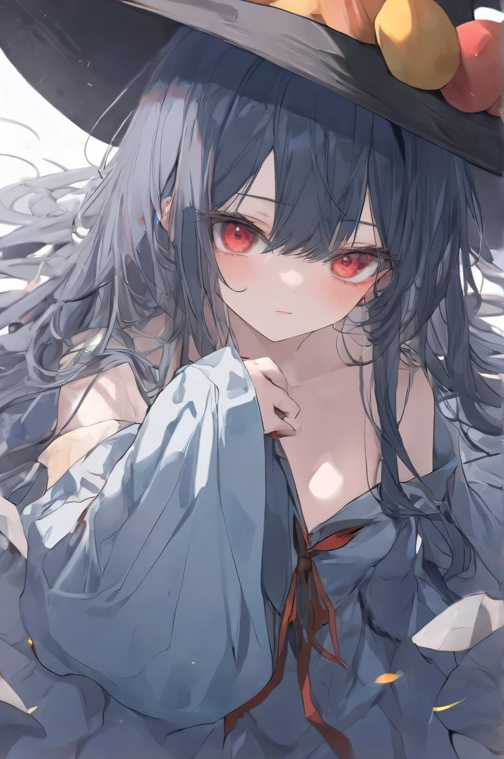Top quality , Best Quality , Official Art ,cool, beautiful, Very Detailed (Fractional art 1 .2),most detailed, a girl , expressionless faces , Dark blue long hair , wearing a wizard hat, dark red eyes , Seductive Expression , background box is partially drawn, Very Detailed , high detail ,Dull color