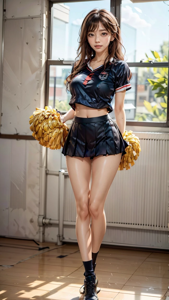 ((最high quality, 8K, masterpiece: 1.3, Ultra HD, high quality, 最high quality, High resolution, realism)) 、A 22-year-old extremely beautiful white woman、Hair color blonde、blue eyeedium Hair、Straight Hair、smile、Slender but well-proportioned body、Athlete-like body type、I want my head to stay off screen、Wearing accessories on the wrist、Put an anklet on your ankle、Wearing red nail polish、I have a peticure、Being a cheerleader、Strike a Pose