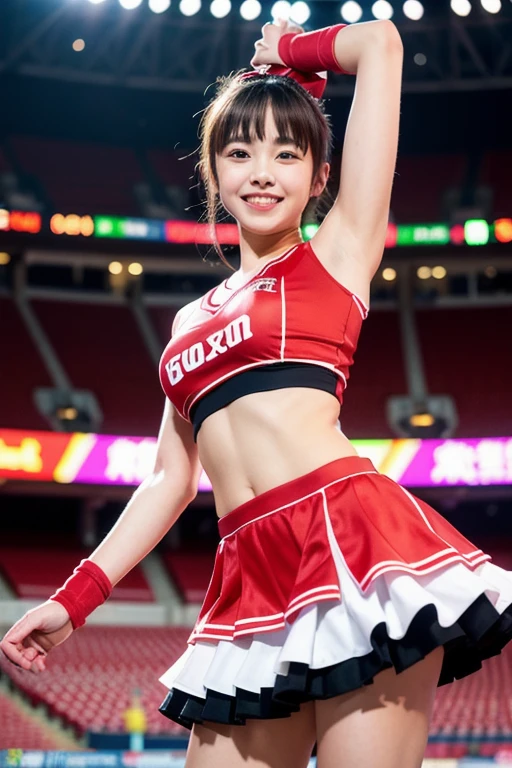 Japanese Idol Cheerleader,Painting,High resolution,Very detailed,Realistic:1.37,Bright colors,High resolution,Studio Lighting,Sharp focus, Dance cheerfully,Smile happily,Perfect Makeup,Great costumes, Crowd cheers,An exciting atmosphere,Y-shaped balance、I-shape balance、,expressive movement, Beautiful Hair,Sparkling eyes,Rose Cheeks,Fuller lips, Red pompons,Flying confetti,Shining Spotlight, Captivating performance,Cheerful cheers,Unforgettable memories、Squat down and spread your legs wide