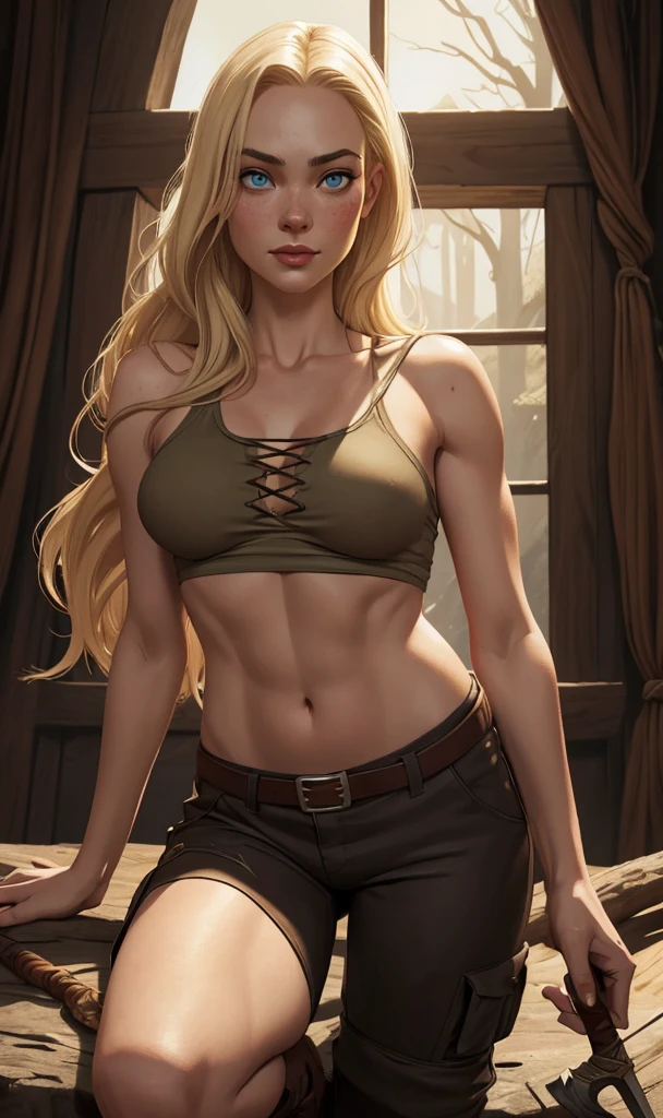 1girl, close up of sinclair, hands towards viewer, parted lips, hair over shoulder, shocked expression, topless, large breast, green pants, belt, night, stars, forest, campfire, looking at viewer, volumetric lighting, best quality, masterpiece, realistic,