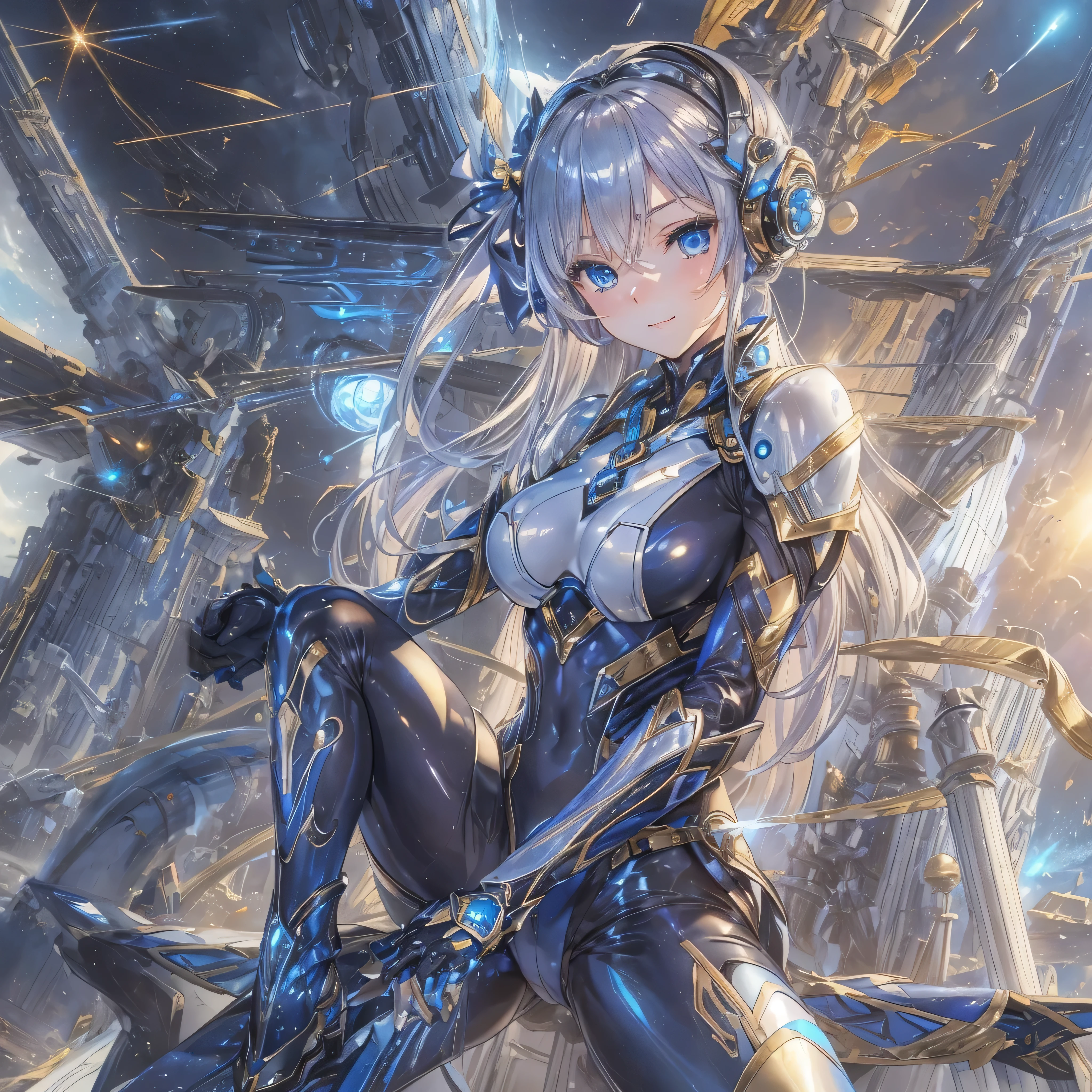 (masterpiece、highest quality、Highest Resolution、Clear_image、Detailed details、Angle from above): (Whole body、One 20 year old girl、Japanese Faces、Small Face、Slender、Navy blue super short bob cut hair、(Hidden small breasts:1.3)、Sparkling blue eyes、Shiny pilot suit in blue and black colors、Chest protection armor、Tight fitting clothes、Clothing that covers the whole body、Glamorous clothes、Tight Fit Pants、Hide your skin、Very delicate and beautiful、Detailed Skin、hide thighs、Hide your ass、Cute、A gentle smile、Soft expression、heroine、headset、Knee-high boots、Elbow-length gloves、Eye Level Shot、Face directly、Woman on a spaceship)
