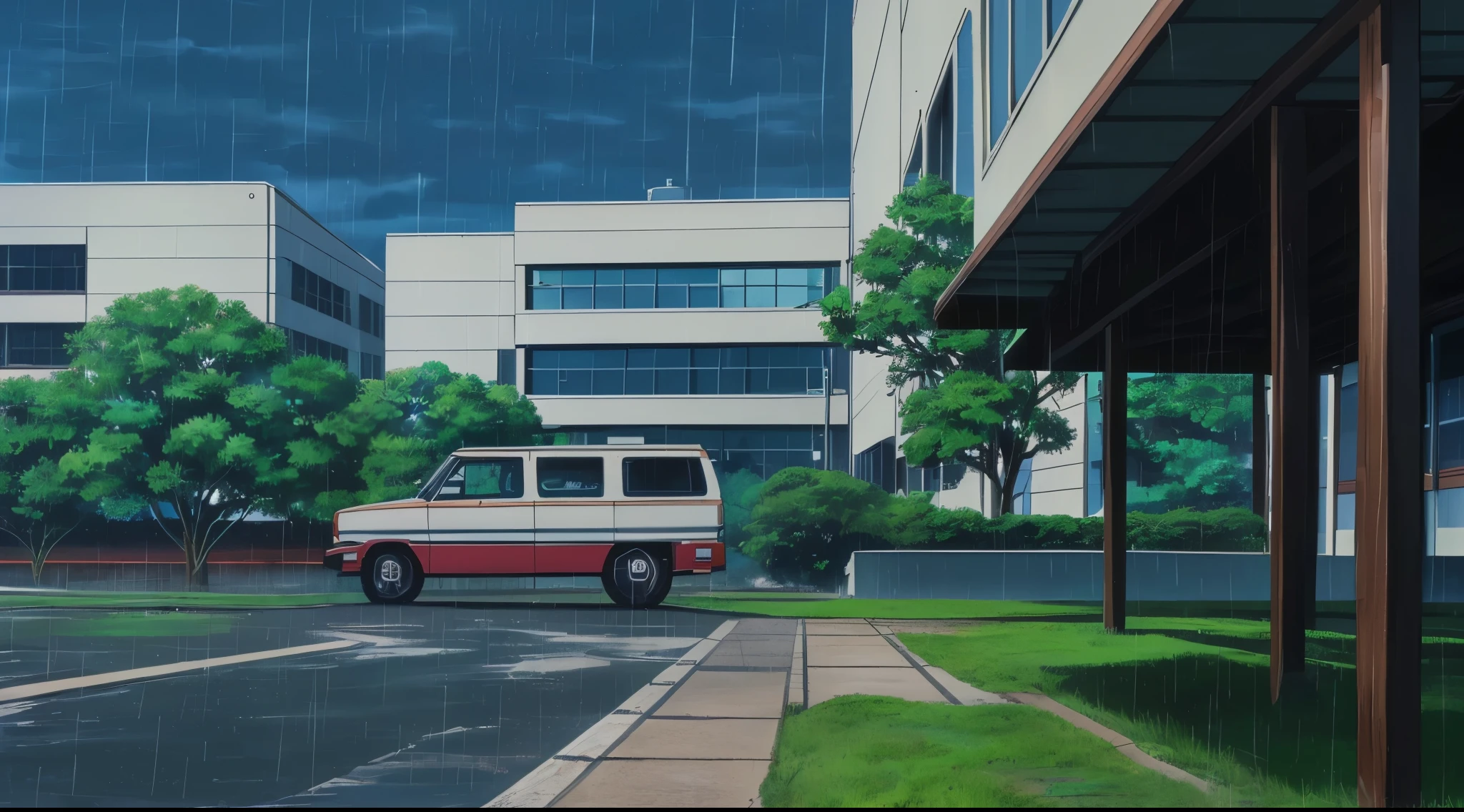 (Rainy sky) (Raindrops Falling) (Afternoon) (Grey Sky)
(80’s Anime) (Classic) (Vintage) (Retro)
1980’s Japan High School is a huge broad campus of several grey buildings built in a contemperary architecture.
There is an average sized parking lot with a cars and a van in the lot.
(View from close to the Inside)