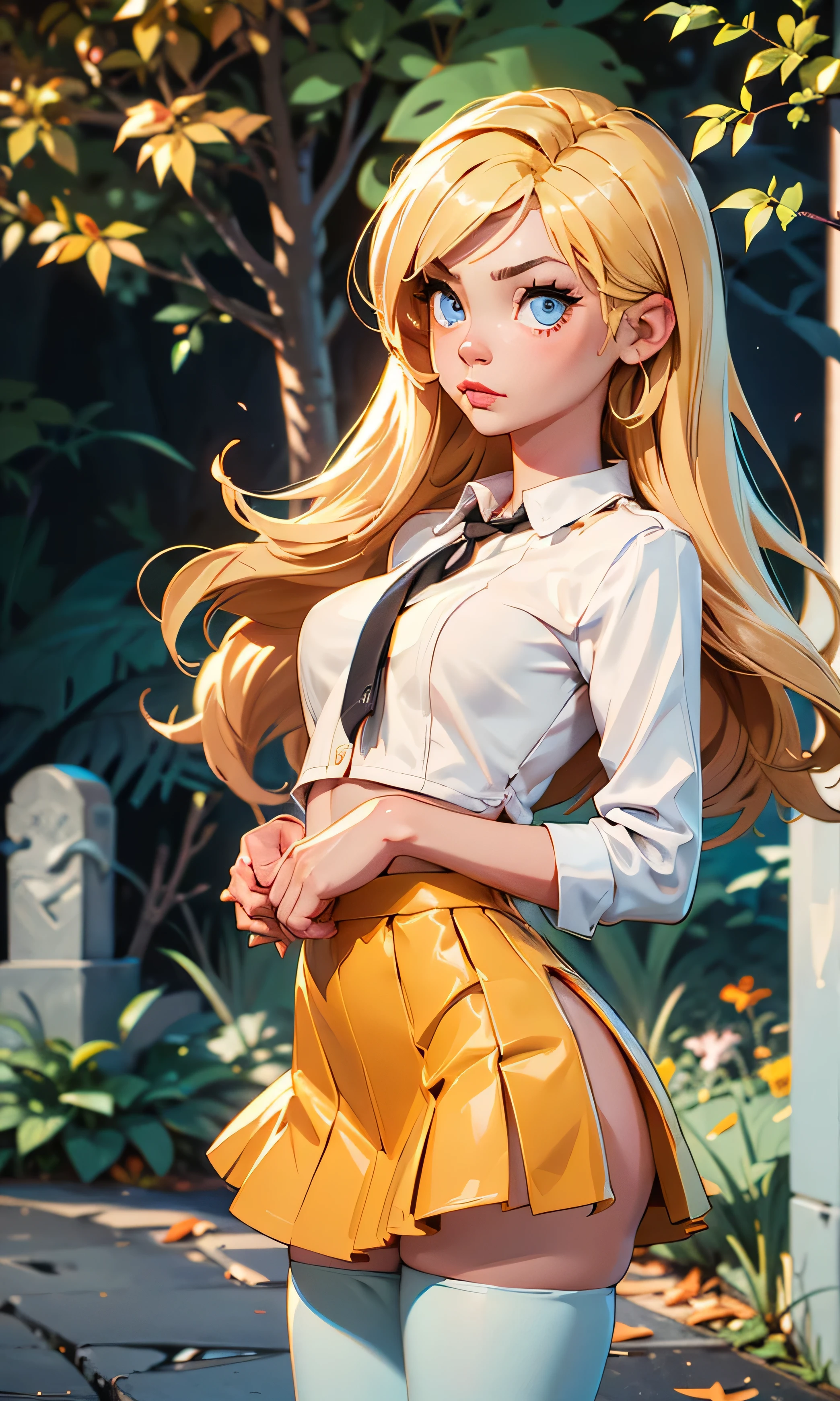   masterpiece,  high detail, A thin girl, Riley Steele , young, skinny, beautiful, high, head on,  watching the spectator ,  Long hair , blonde,  blue eyes,  medium black, breasts,  white tutu , white top, ((desnuda)), Alone in a cemetery , autumn,  dry leaves on the road,  Textured skin