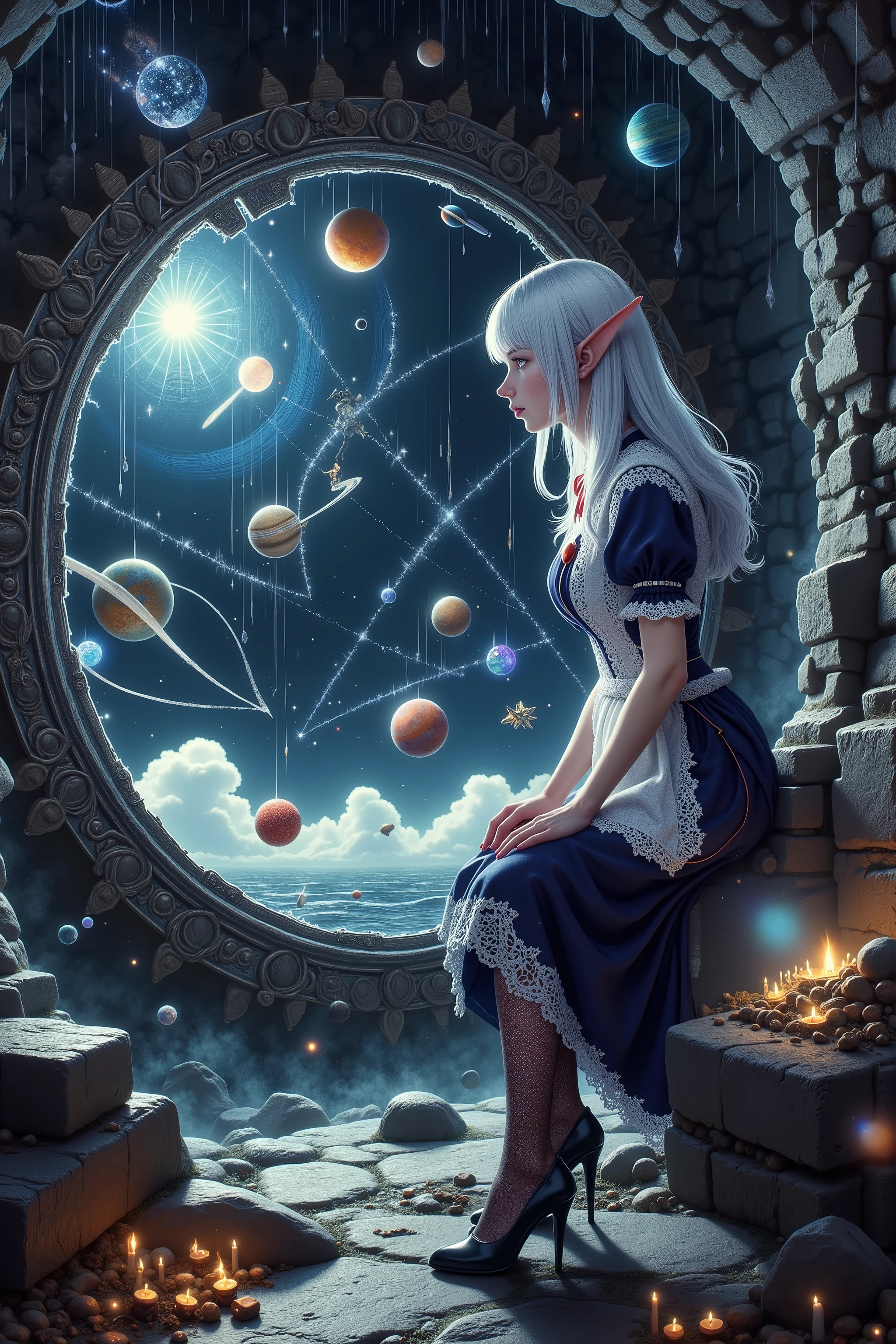(Ultra-detailed face, Looking away, Fantasy Illustration with Gothic, Dark tone colors. Perspective looking up from the floor to the ceiling.), BREAK 
(The dark elf female astronomer is in a pitch-black, unlit, huge warehouse-like space where a huge circular and elliptical machine with a diameter of 20 meters is set up with a combination of thin rails and gears in a circular and elliptical shape. The machine looks like a holographic sphere with a full-length armillary sphere that is a visual representation of the celestial navigation. She sits on a small perch suspended in mid-air, operating a control panel with crystal buttons.), BREAK 
(The armillary sphere machine is a thin rail of conductors from planets and comets outside the solar system, intricately assembled and intertwined in layers. Planets, satellites, comets, and star systems move along their trajectories. The sun is burning brightly, the earth is full of water, Saturn has a large ring, Mars is red, and comets have long tails. Distant star systems appear as clouds of sparkling light particles.), BREAK 
(A young-aged dark elf woman with pure white hair and eyebrows, blunt bangs, medium length straight hair, small pink lips, dark-purple color skin, lavender pupils, Draw thick, dark eyeliner around the eyes.), BREAK 
(A female dark elf cleric wears thin, round glasses over her forehead, a crimson ribbon tie, and a deep navy blue lace-up dress with pure white lace embroidered with a starry sea motif. She wears jet-black high heels with particles of light emanating from them.)