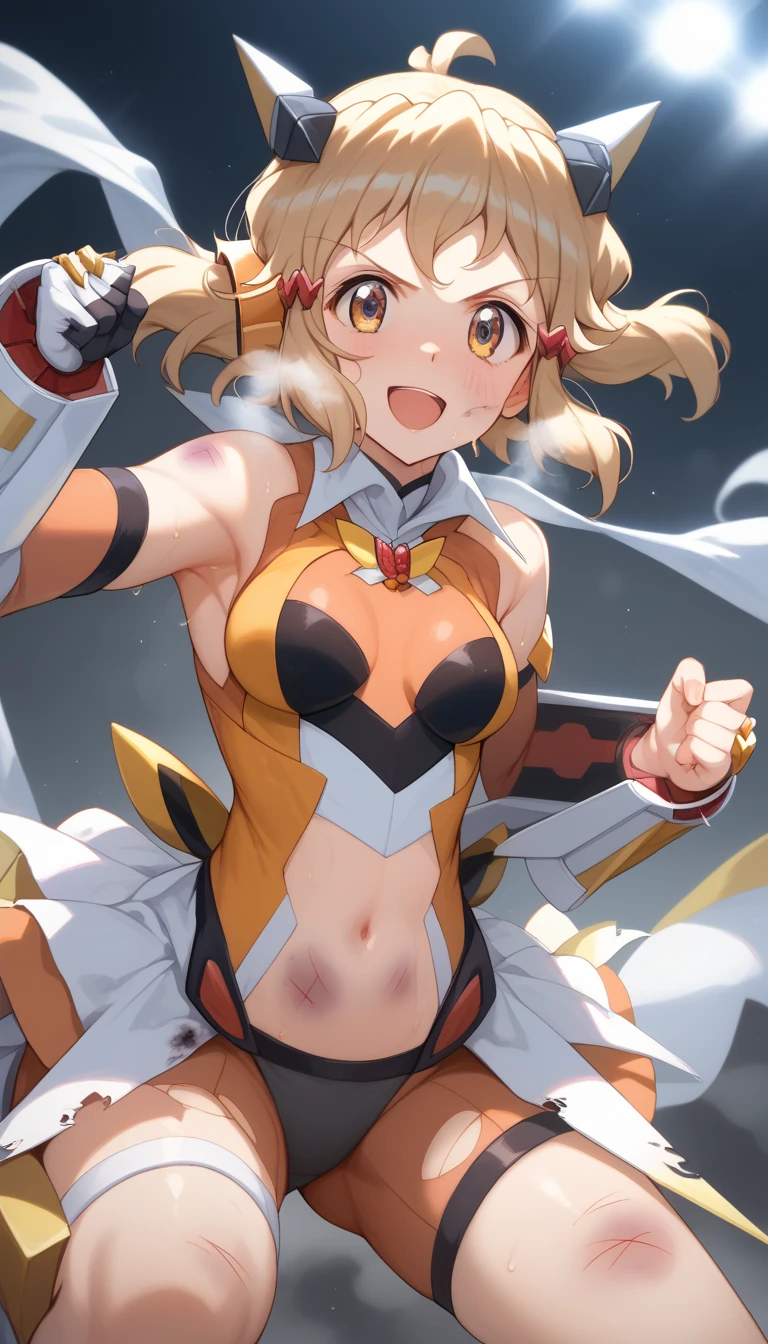 (RED Ribbon on HAIRband:1.2),aikatsu,1 girls,in senki zesshou symphogear style , Blonde long hair,black and RED battle suit,BREAK,ultra-definition, high resolution, ultra-detail CG,caustics, Live stage, in front of super large vision, singing, Battle pose,thgear, 1girl, solo, tachibana hibiki (symphogear), medium breasts, navel, headgear, gloves, gauntlets, body suit, shorts, white scarf,Ichigo Hoshimiya (Aikatsu!)